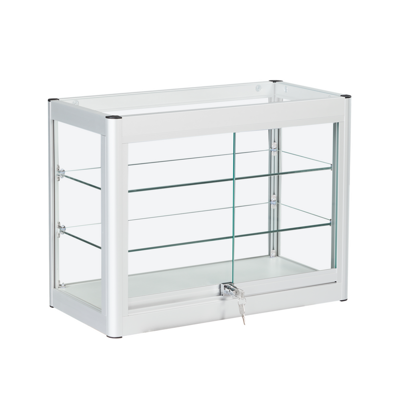 Lockable Silver Aluminium Glass Counter Top Display Cabinet – 2 Shelves & Sliding Door