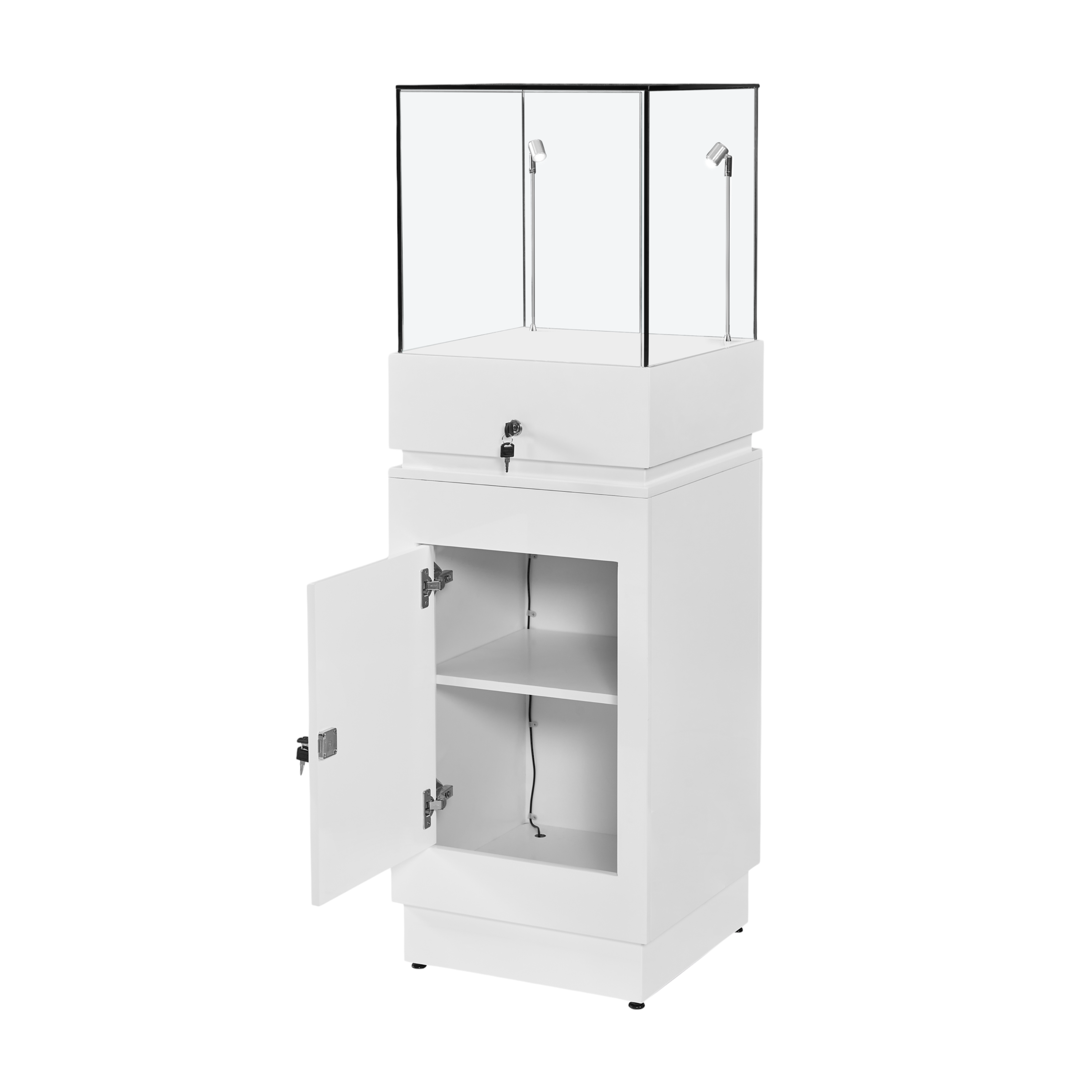 White Lockable Wooden Display Plinth with 2 LED Lights, Hidden Drawer and Shelf – 1300mm