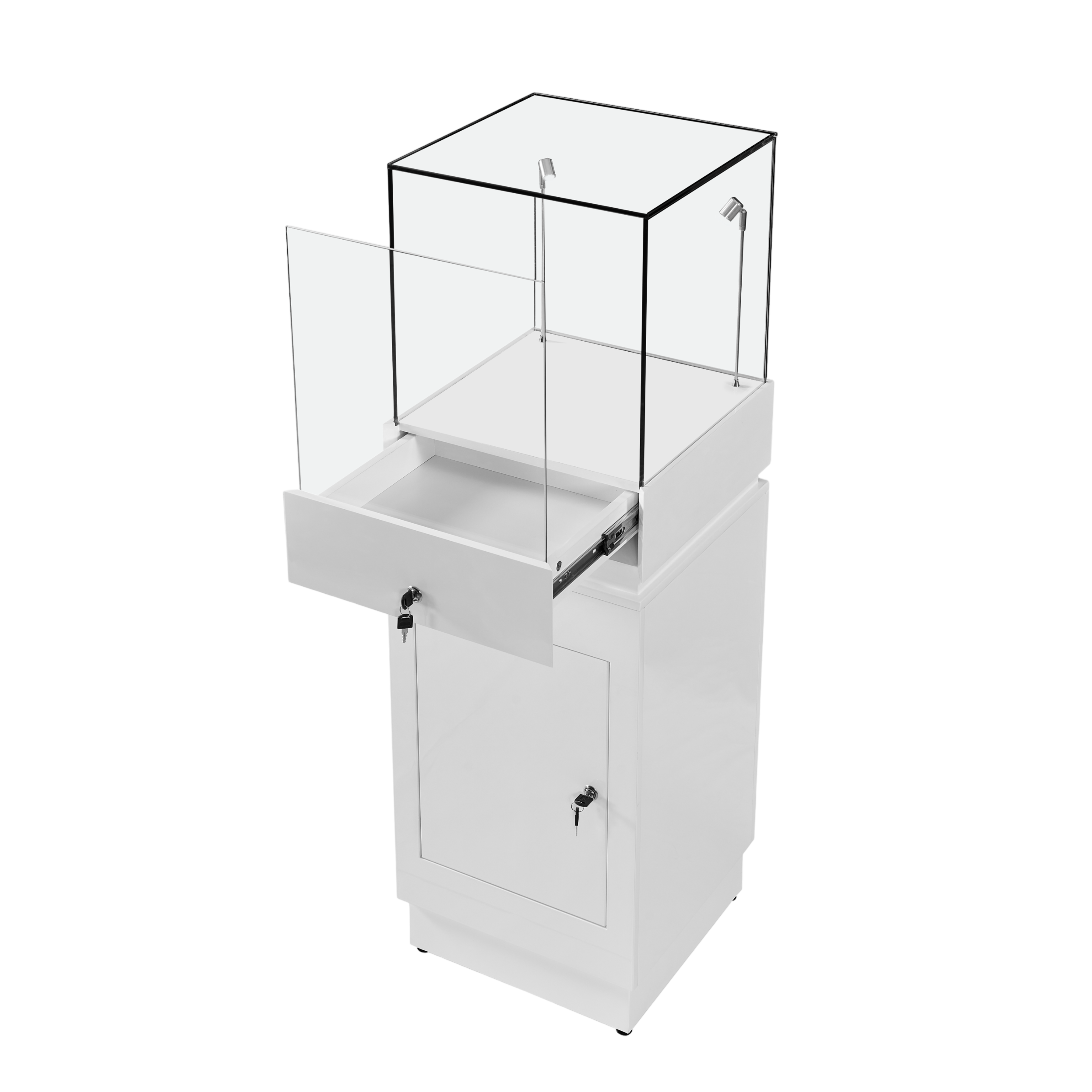 White Lockable Wooden Display Plinth with 2 LED Lights, Hidden Drawer and Shelf – 1300mm