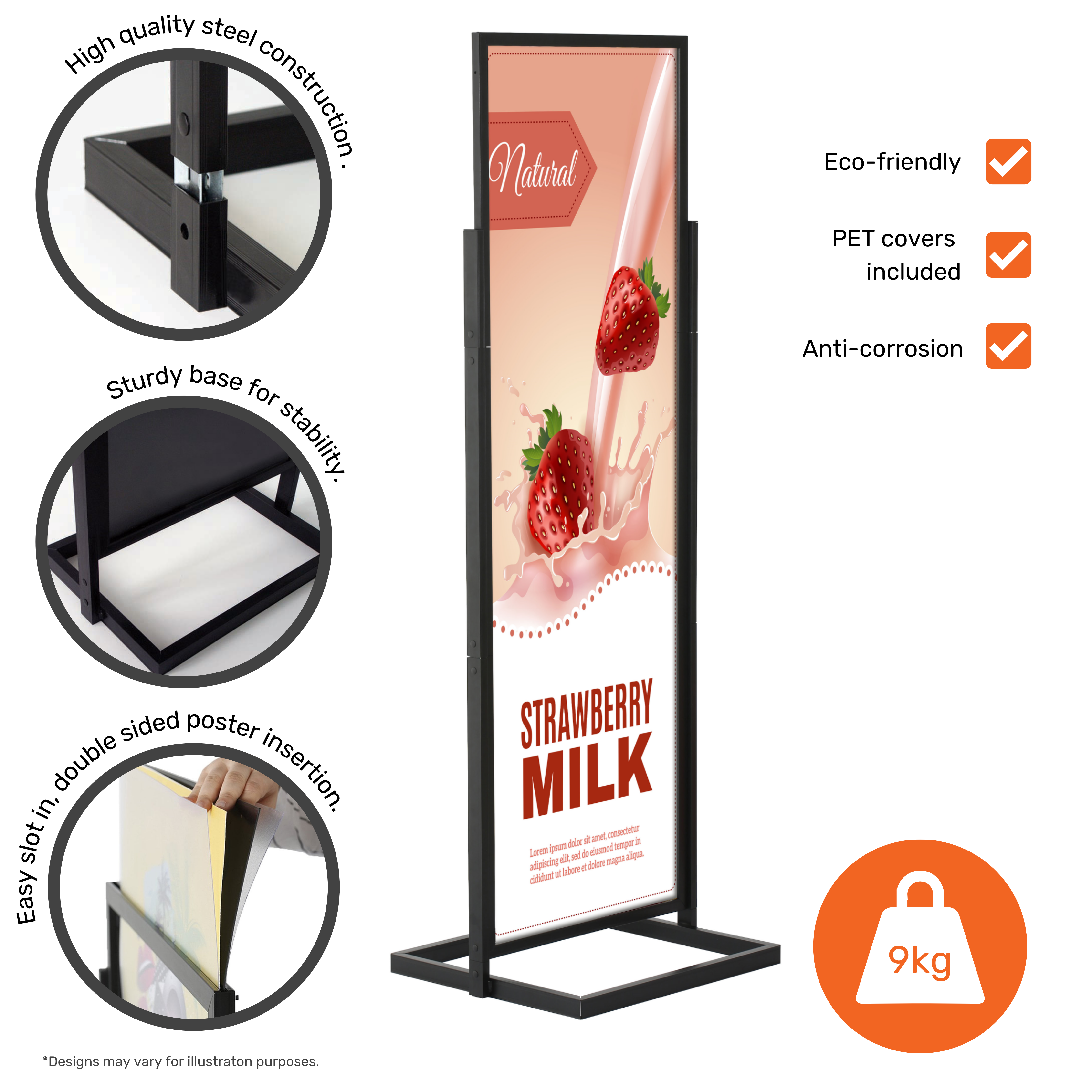 Black 1700mm x 500mm Double Sided Floor Standing Steel Info-Board Poster Display Stand