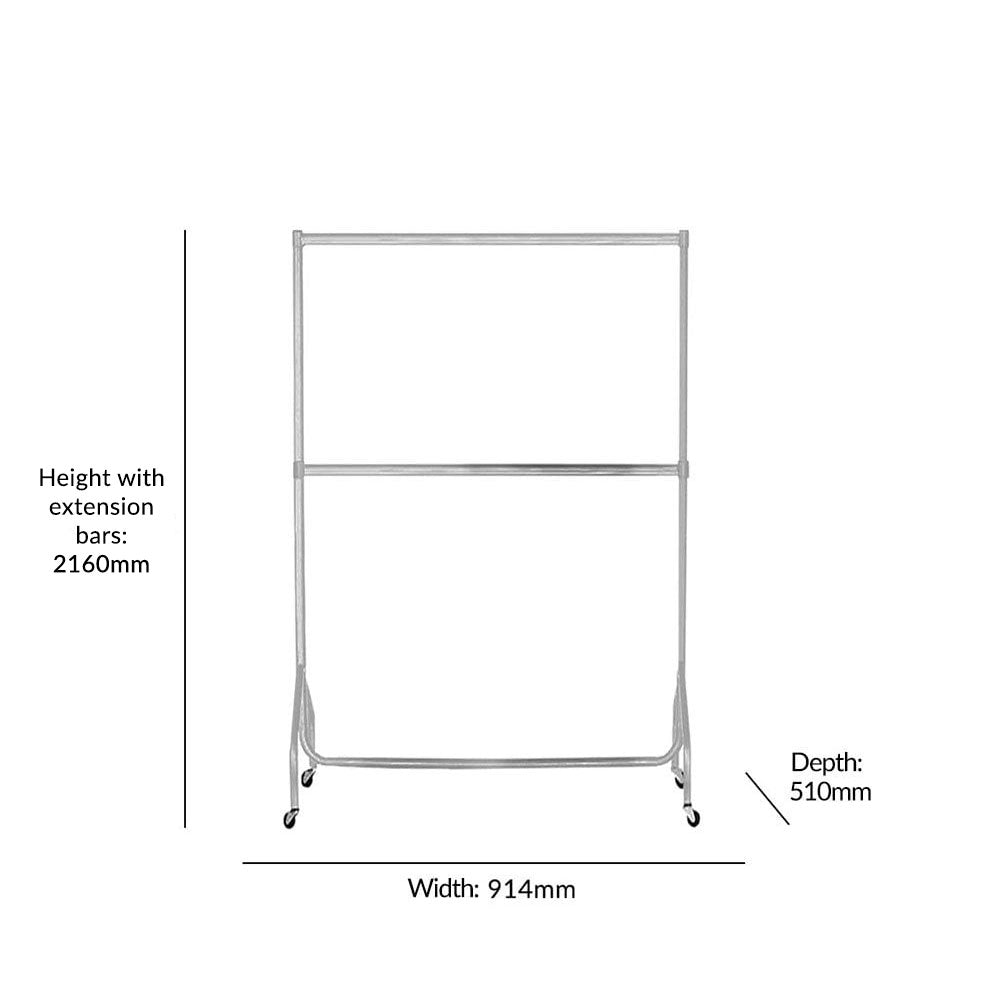 Premium white commercial steel clothes rail with two tiers, designed for heavy-duty use with a 160kg load capacity, 3ft wide and 7ft tall.