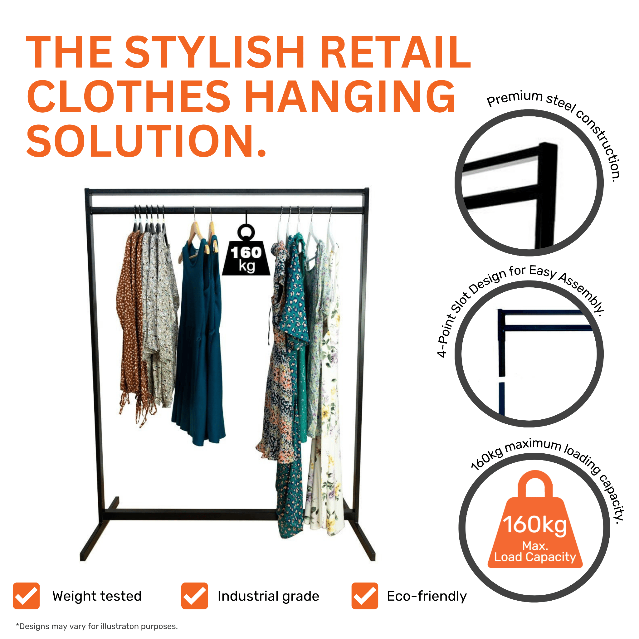 Heavy-duty 4ft black clothes rail with a free-standing frame, perfect for displaying garments with a 160kg load capacity.
