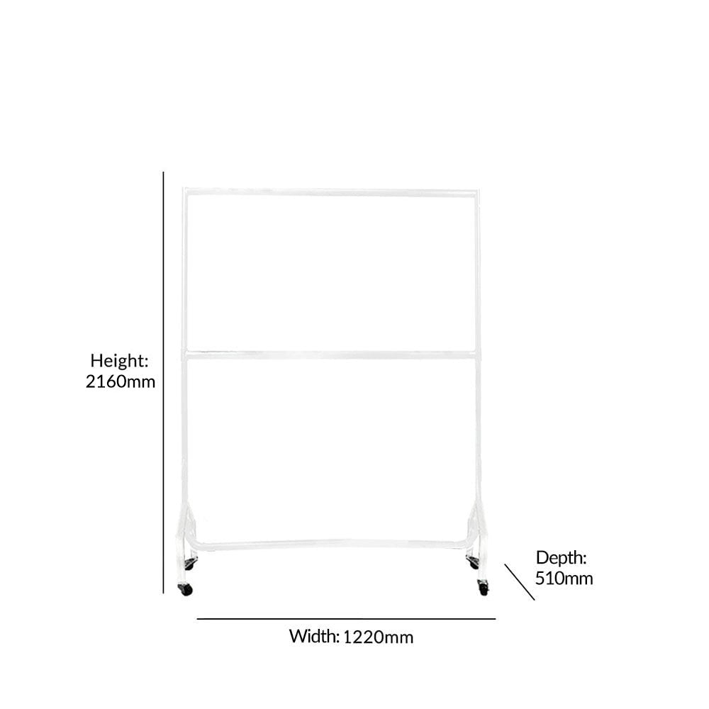 Durable white commercial-grade clothes rail, 4ft wide and 7ft tall, featuring a two-tier steel frame with a 160kg weight capacity.