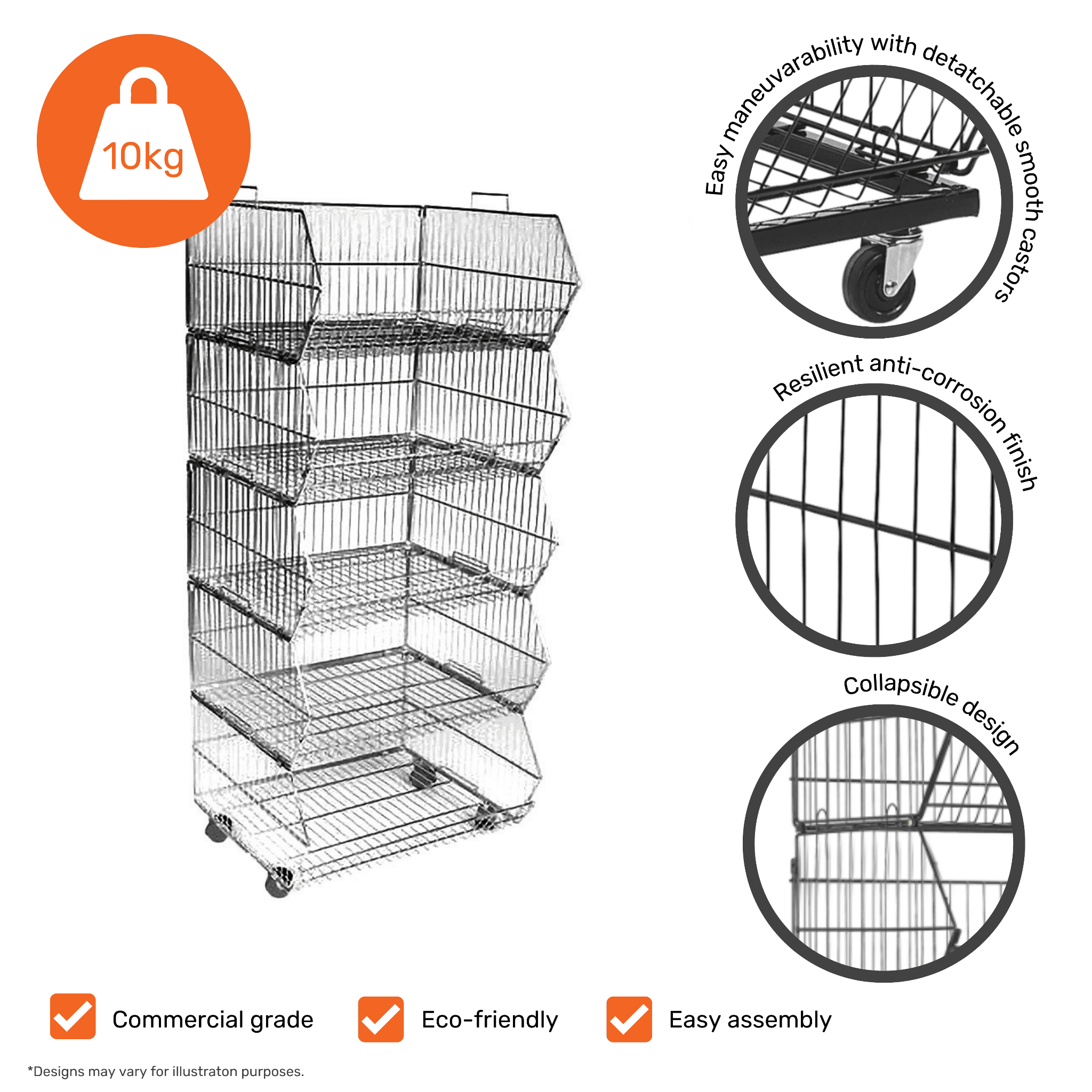 Durable rust-resistant steel stacking basket unit with five tiers, a collapsible design, and detachable castors, 600mm W x 1530mm H x 430mm D.
