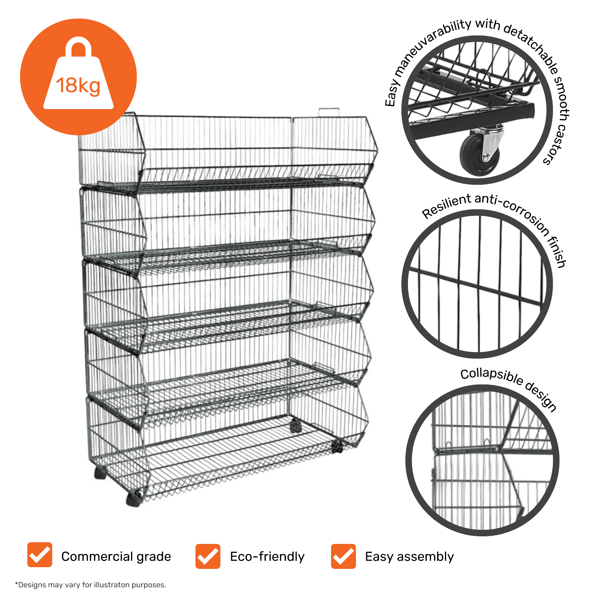 Durable 5-tier steel stacking baskets, rust-resistant and collapsible, with detachable castors for easy movement, size 1000mm x 1530mm x 430mm.
