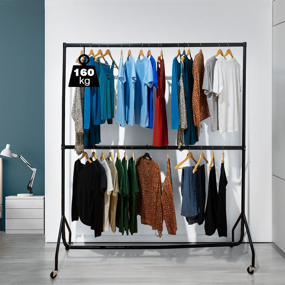 6ft wide x 7ft tall black two-tier heavy-duty steel clothes rail with a 160kg load capacity.