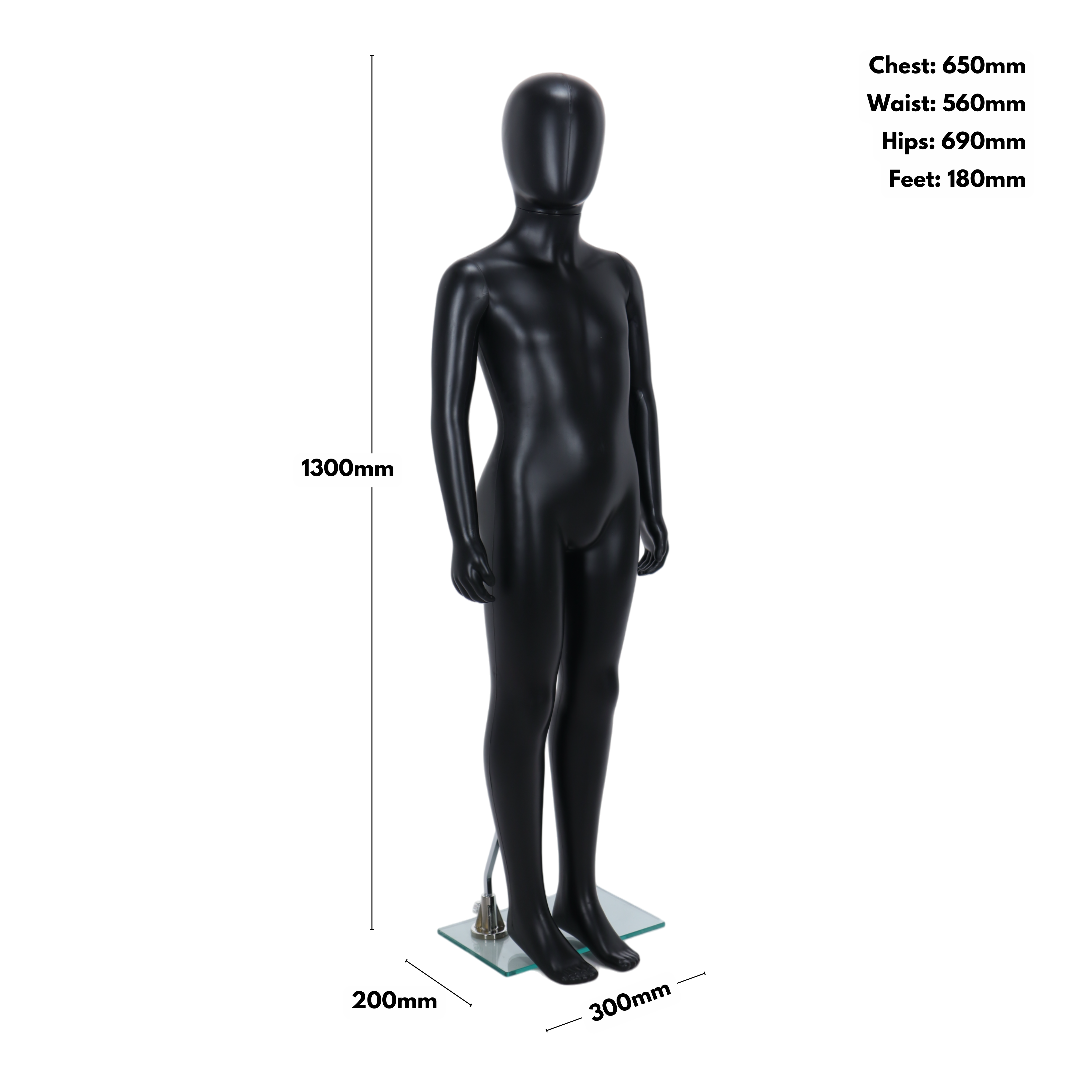 Matt Black Unisex Child Egghead Mannequin in Standing Pose - 7 To 8 Years