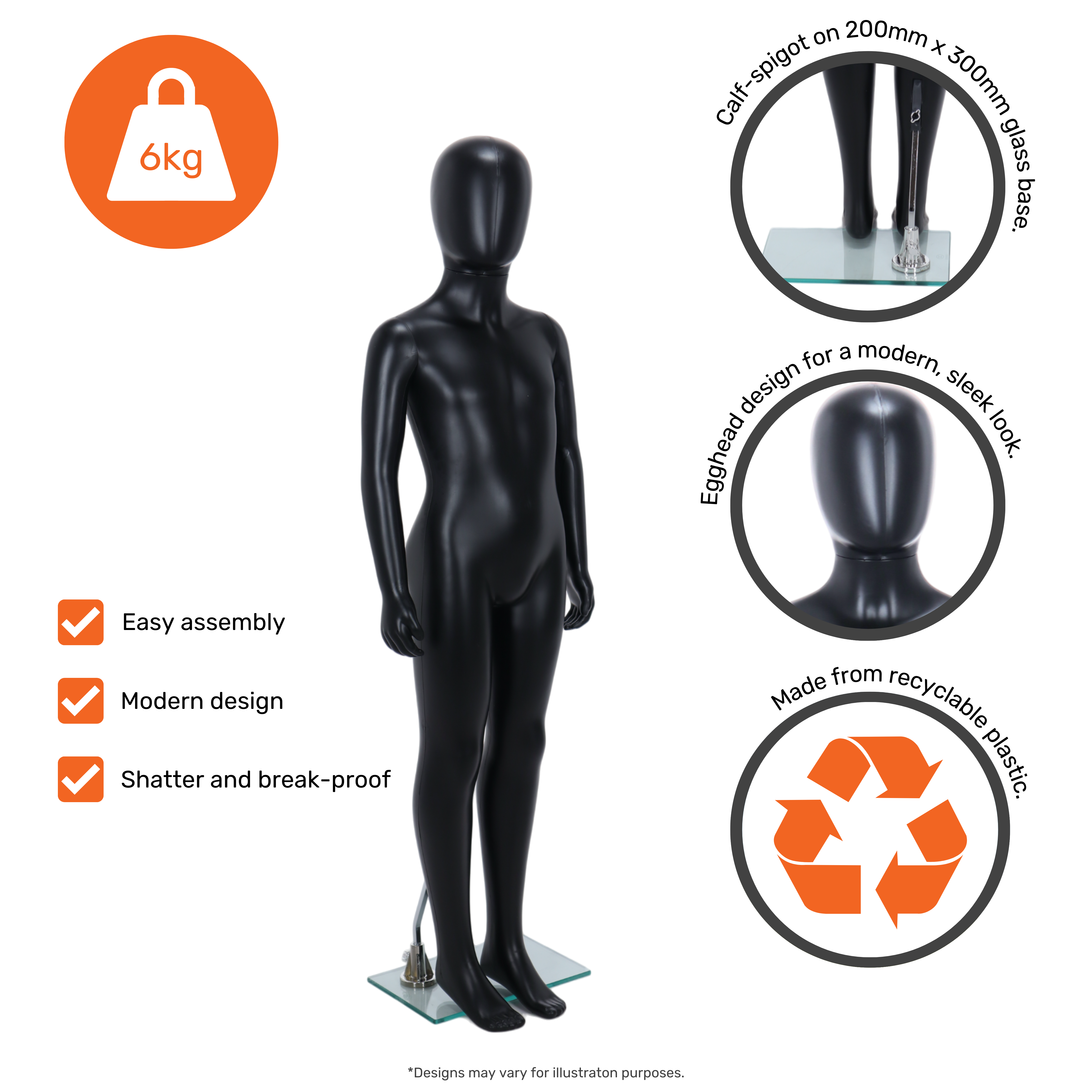 Matt Black Unisex Child Egghead Mannequin in Standing Pose - 7 To 8 Years