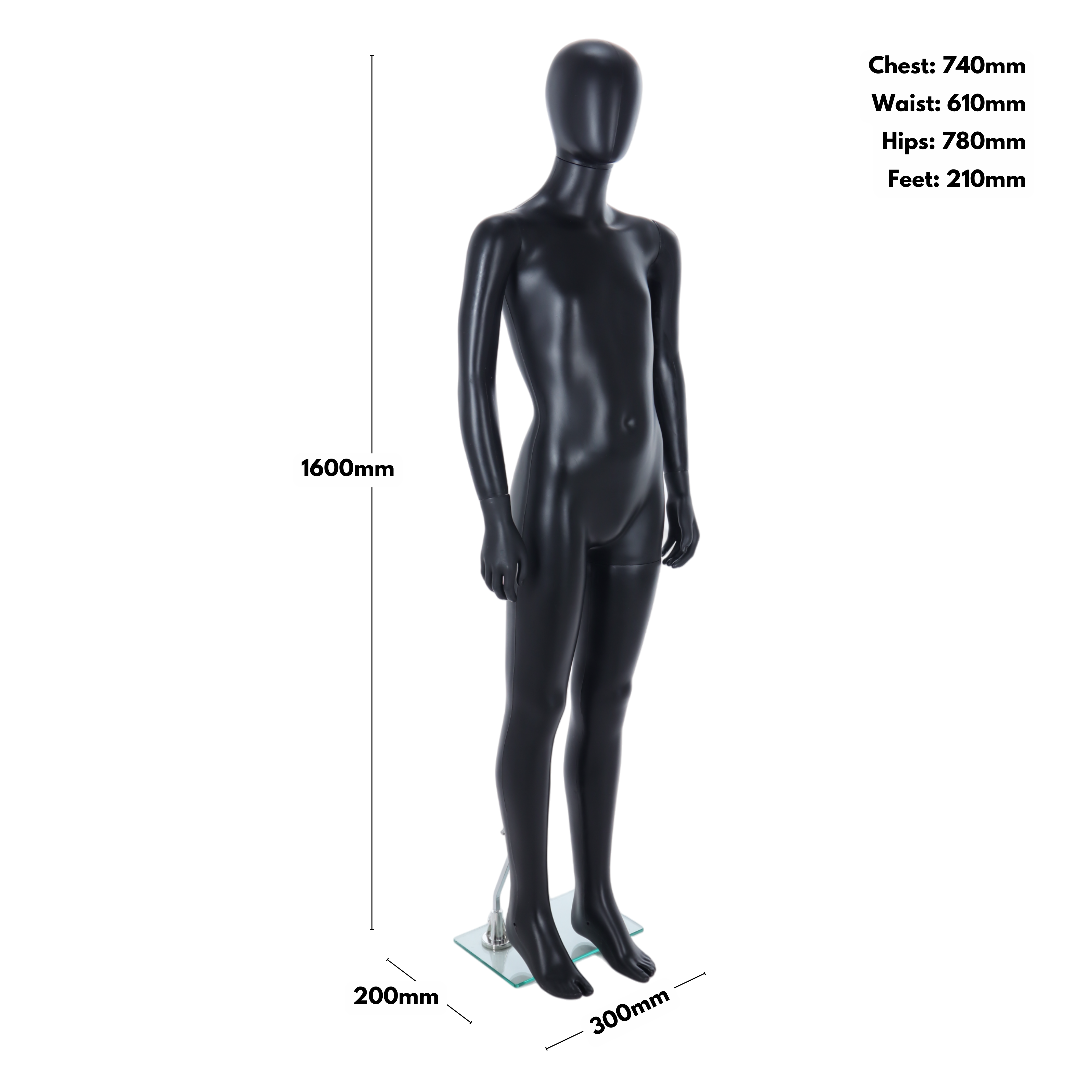 Matt Black Unisex Child Egghead Mannequin in Standing Pose - 10 To 11 Years