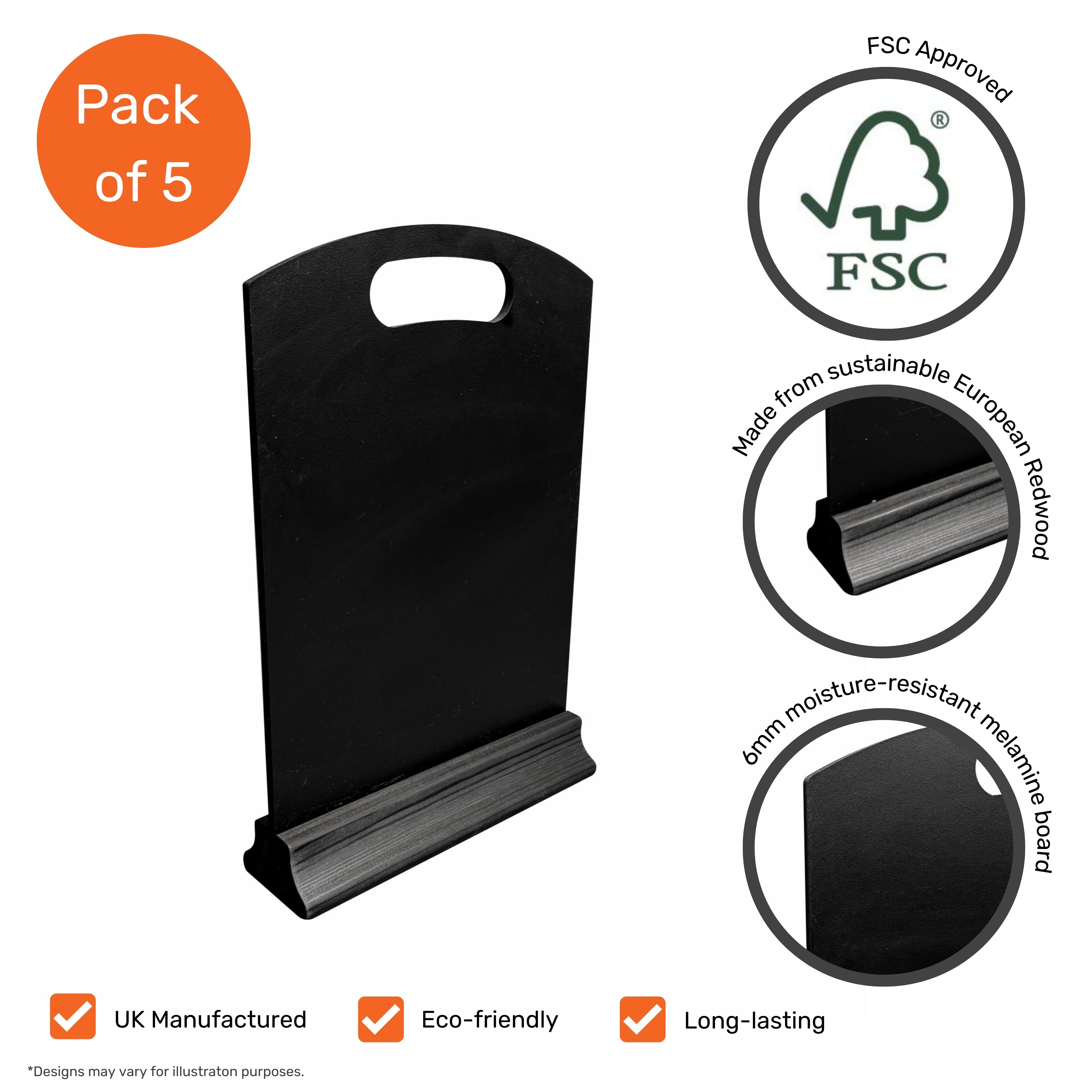 Pack of 5 Black Countertop A4 Chalkboards on Wooden Base