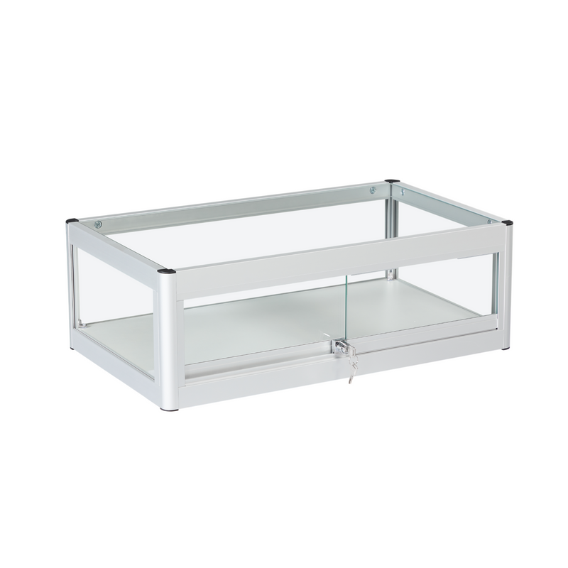 Silver Aluminium Glass Counter Top Display Cabinet with Lockable Sliding Doors