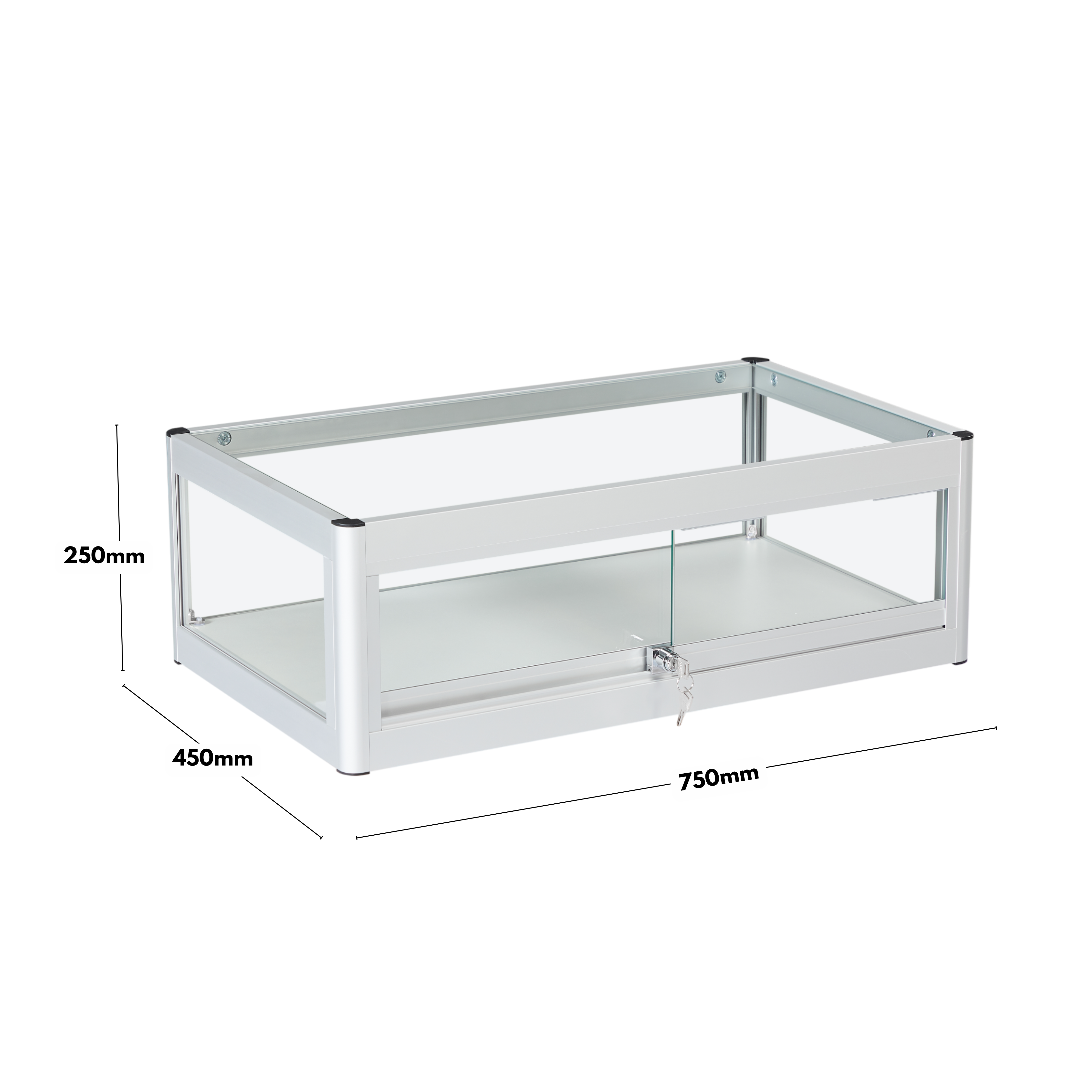 Silver Aluminium Glass Counter Top Display Cabinet with Lockable Sliding Doors