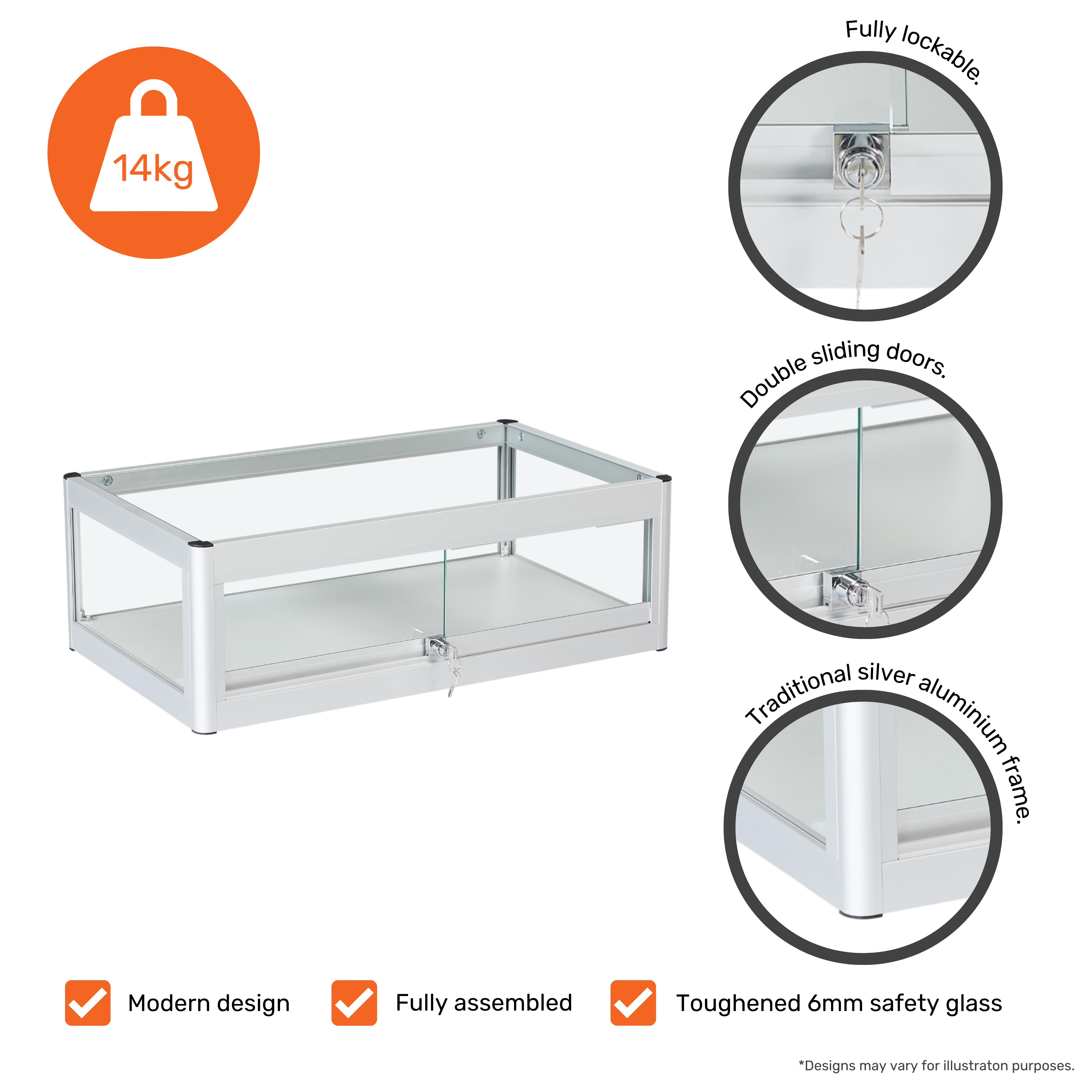 Silver Aluminium Glass Counter Top Display Cabinet with Lockable Sliding Doors