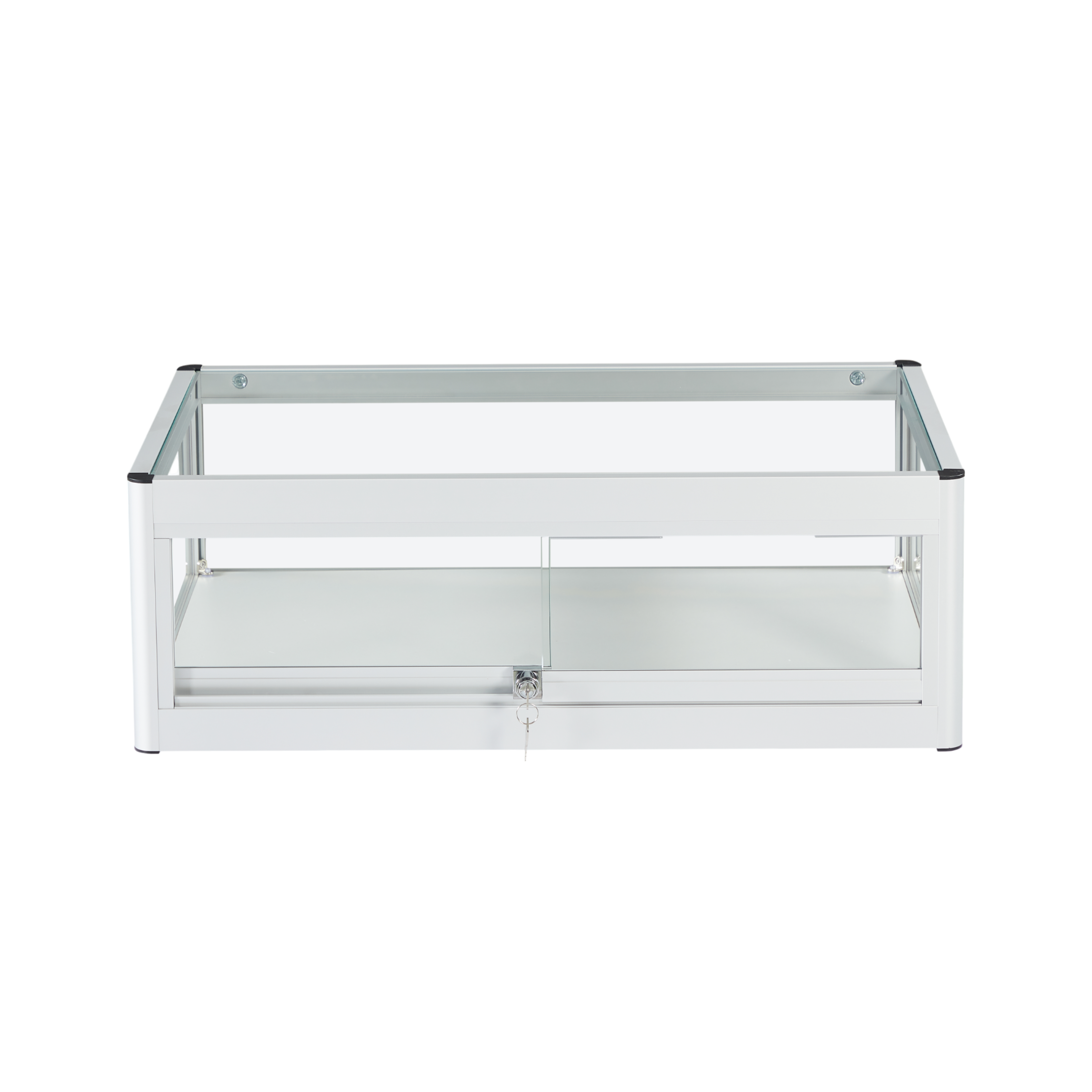 Silver Aluminium Glass Counter Top Display Cabinet with Lockable Sliding Doors