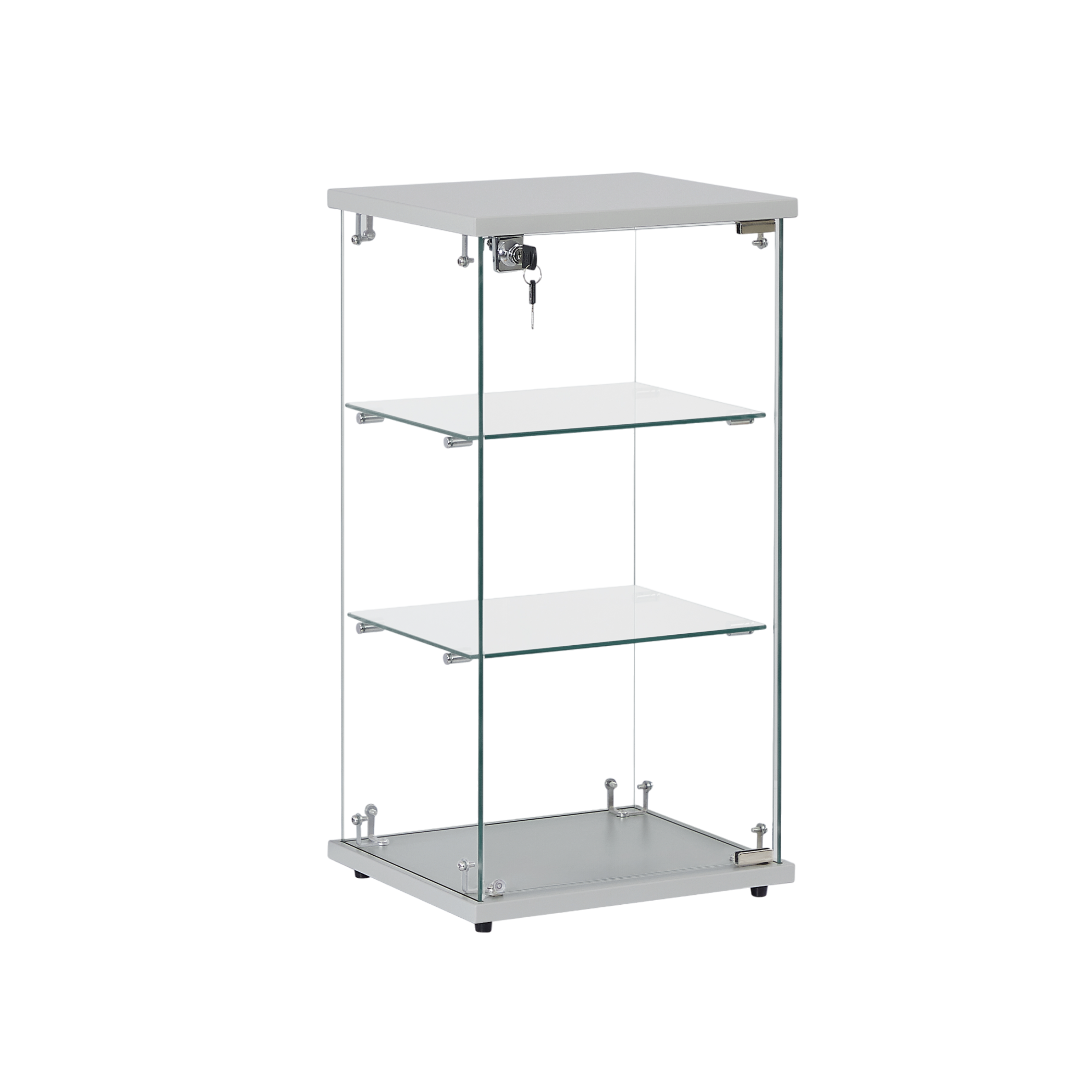 Frameless Silver Wood Lockable Glass Display Cabinet with 2 Shelves – Countertop Showcase