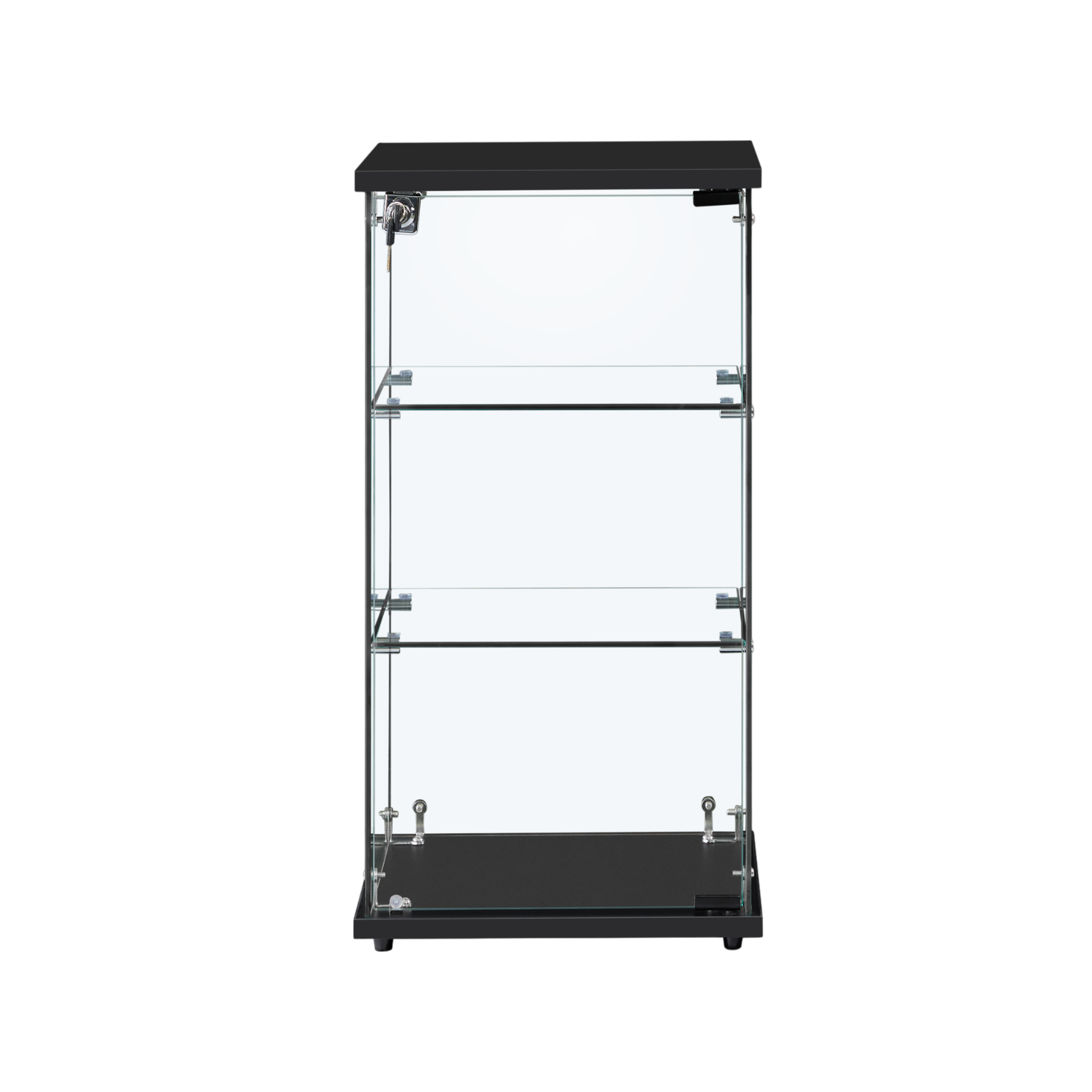 Frameless Black Wood Lockable Glass Display Cabinet with 2 Shelves – Countertop Showcase