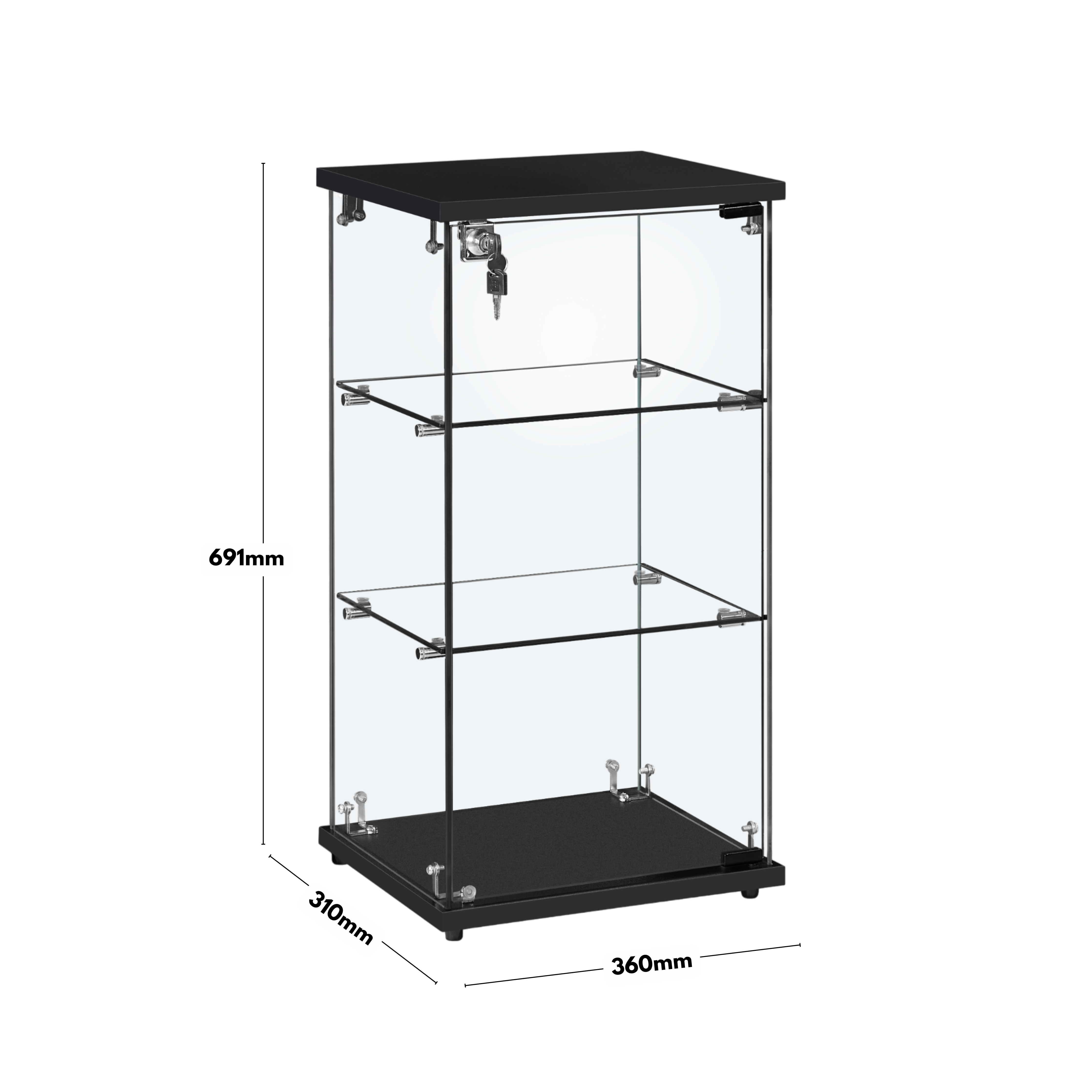 Frameless Black Wood Lockable Glass Display Cabinet with 2 Shelves – Countertop Showcase