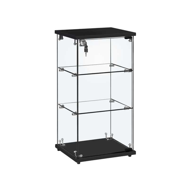 Frameless Black Wood Lockable Glass Display Cabinet with 2 Shelves – Countertop Showcase