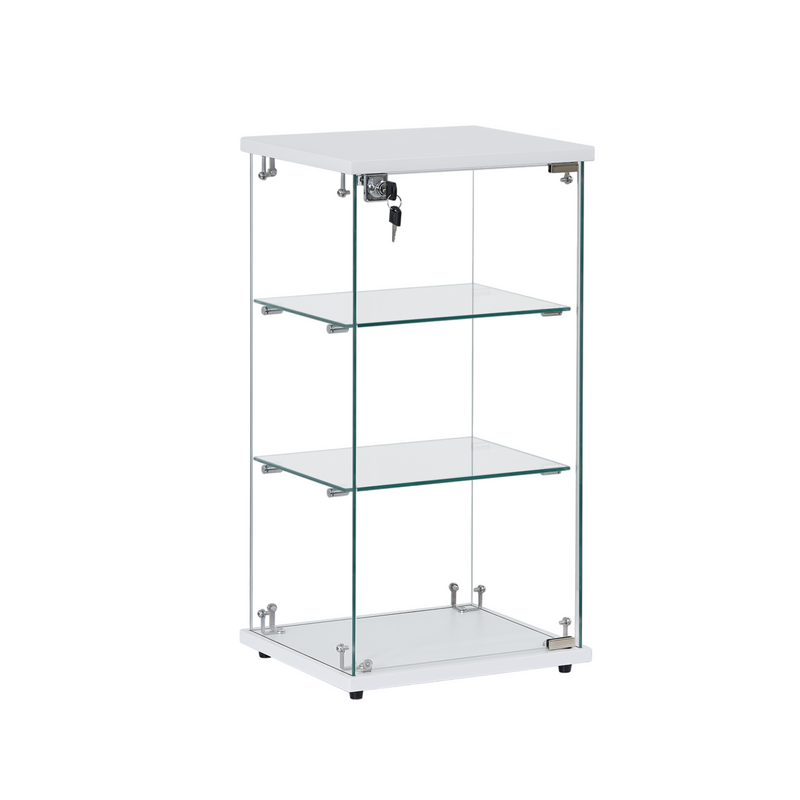 Frameless White Wood Lockable Glass Display Cabinet with 2 Shelves – Countertop Showcase