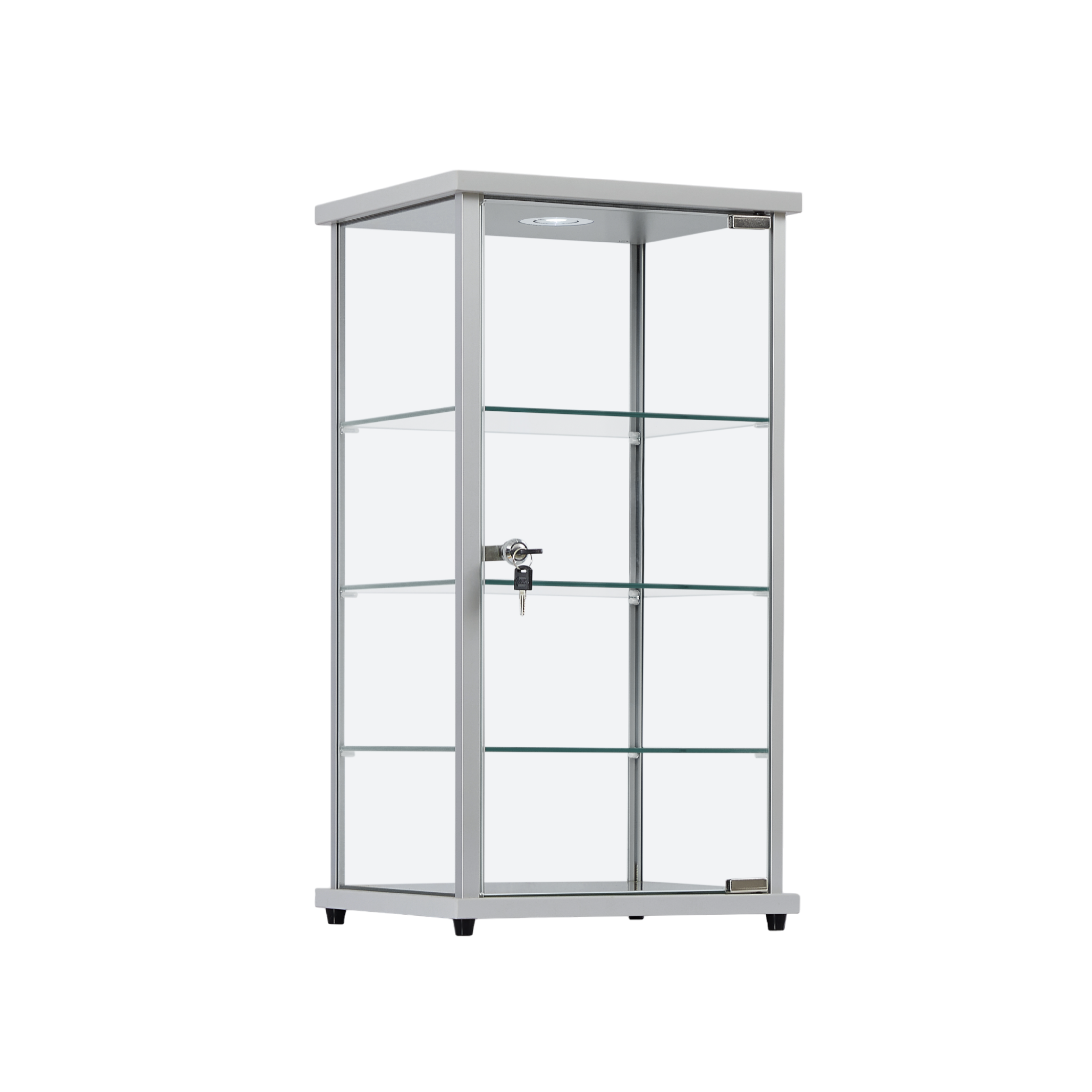 Premium Silver Aluminium Lockable Display Cabinet Showcase With Glass Countertop, 3 Shelves and an LED Light