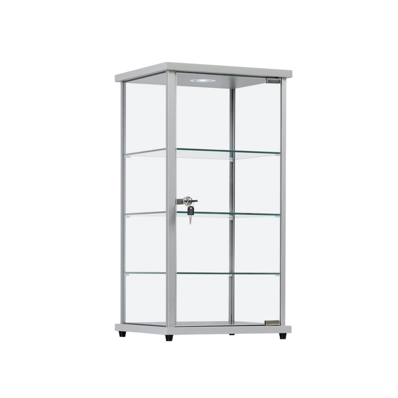 Premium Silver Aluminium Lockable Display Cabinet Showcase With Glass Countertop, 3 Shelves and an LED Light