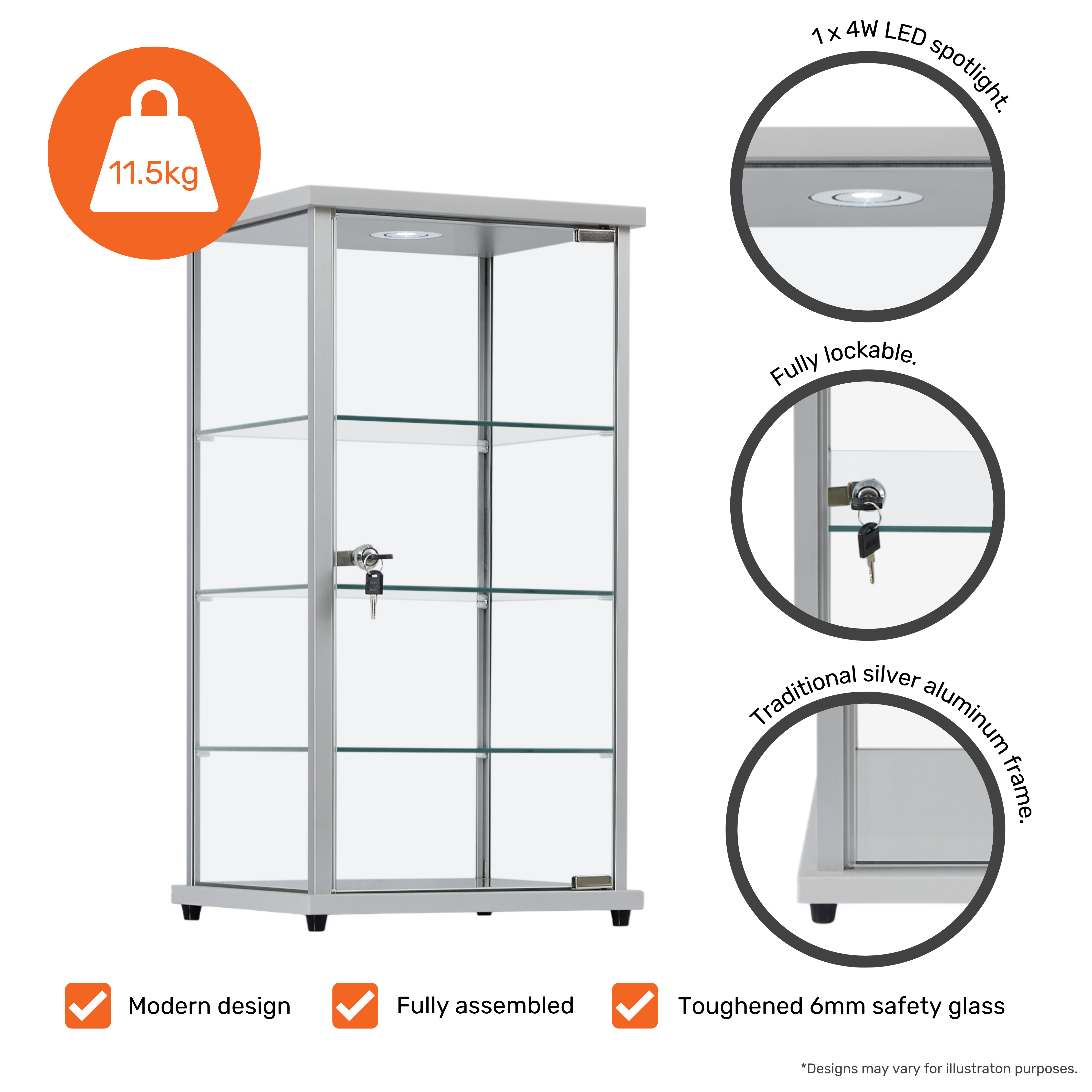 Premium Silver Aluminium Lockable Display Cabinet Showcase With Glass Countertop, 3 Shelves and an LED Light