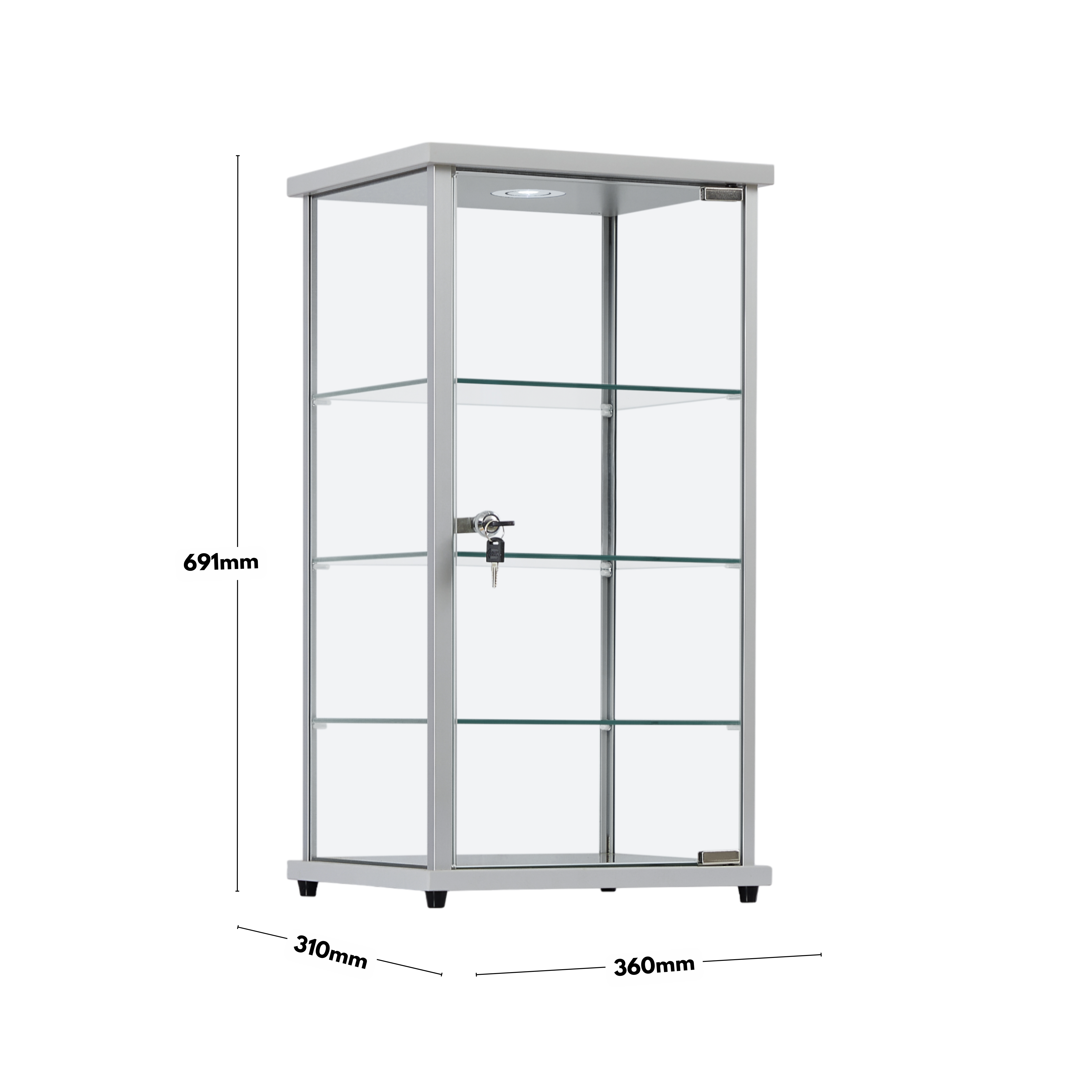 Premium Silver Aluminium Lockable Display Cabinet Showcase With Glass Countertop, 3 Shelves and an LED Light