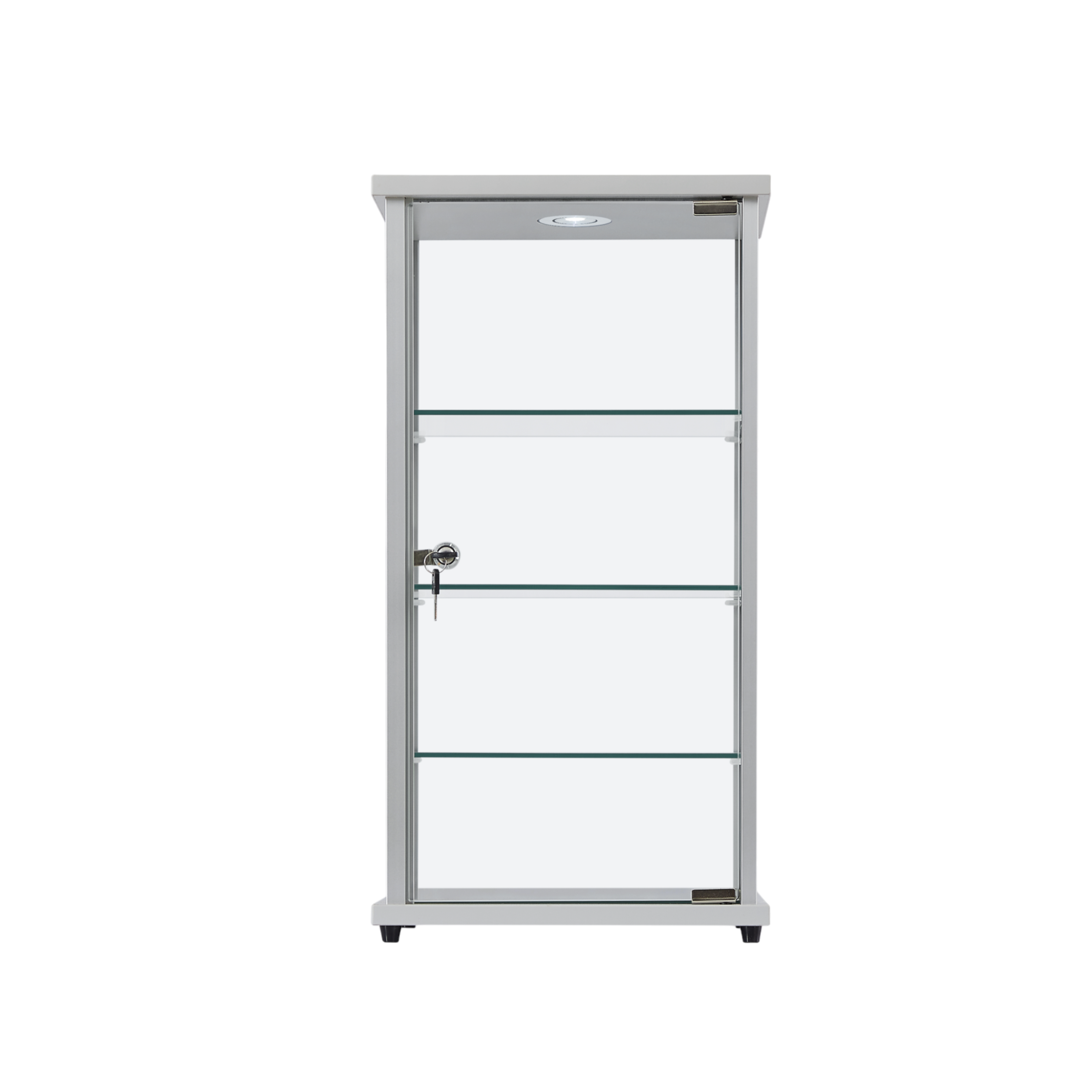 Premium Silver Aluminium Lockable Display Cabinet Showcase With Glass Countertop, 3 Shelves and an LED Light