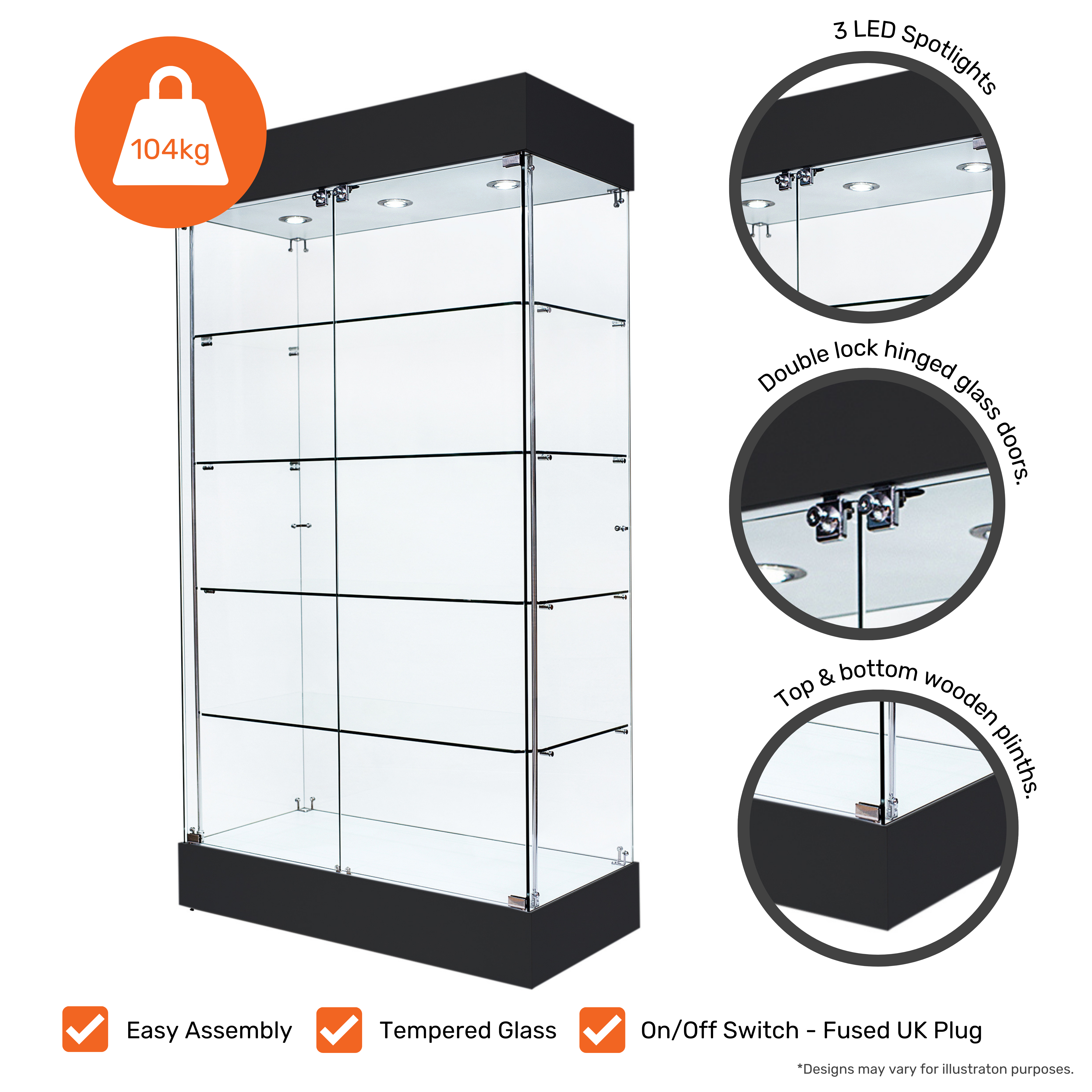 Double Door Lockable Black Wooden Frameless Display Cabinet - 1000mm