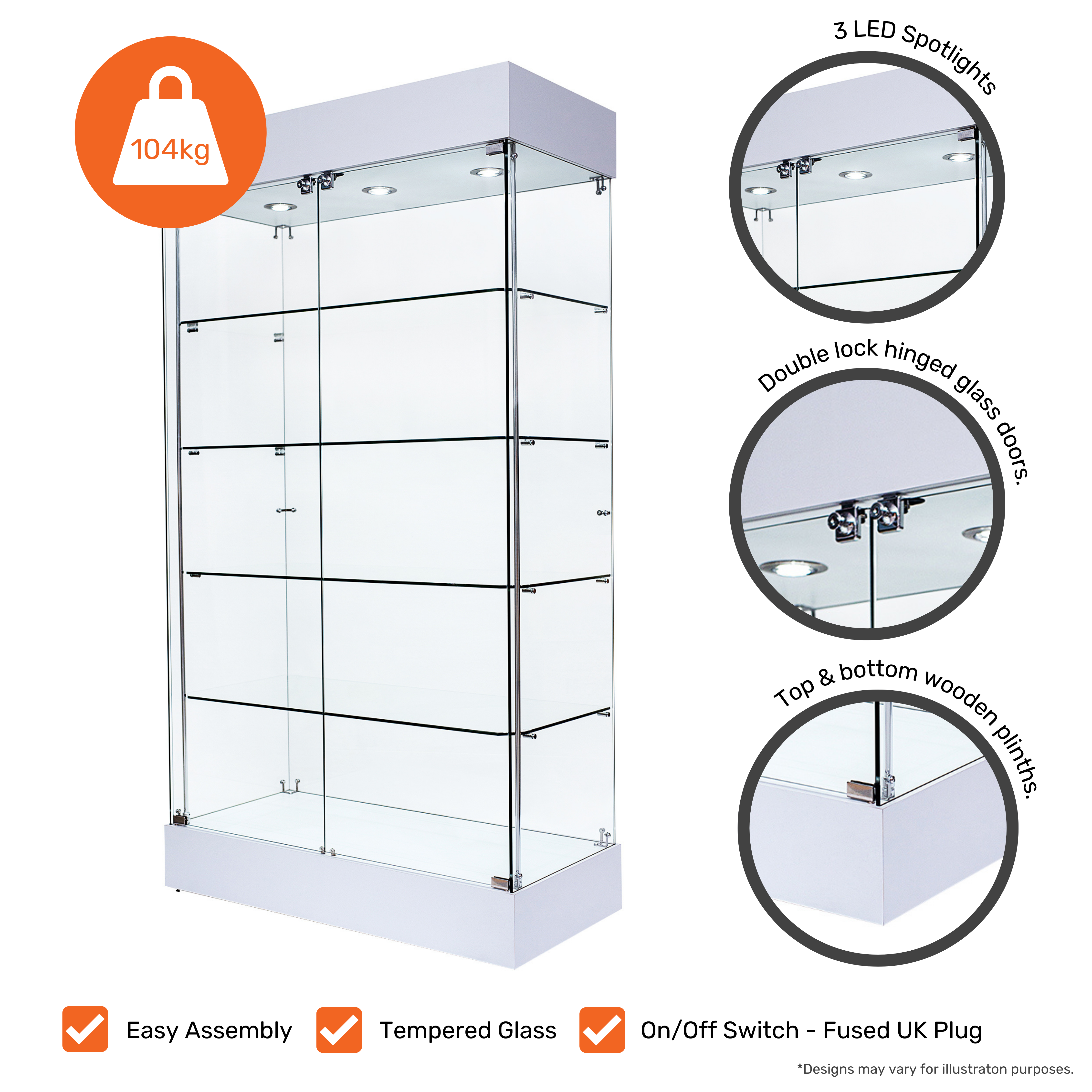 Double Door Lockable White Wooden Frameless Display Cabinet - 1000mm