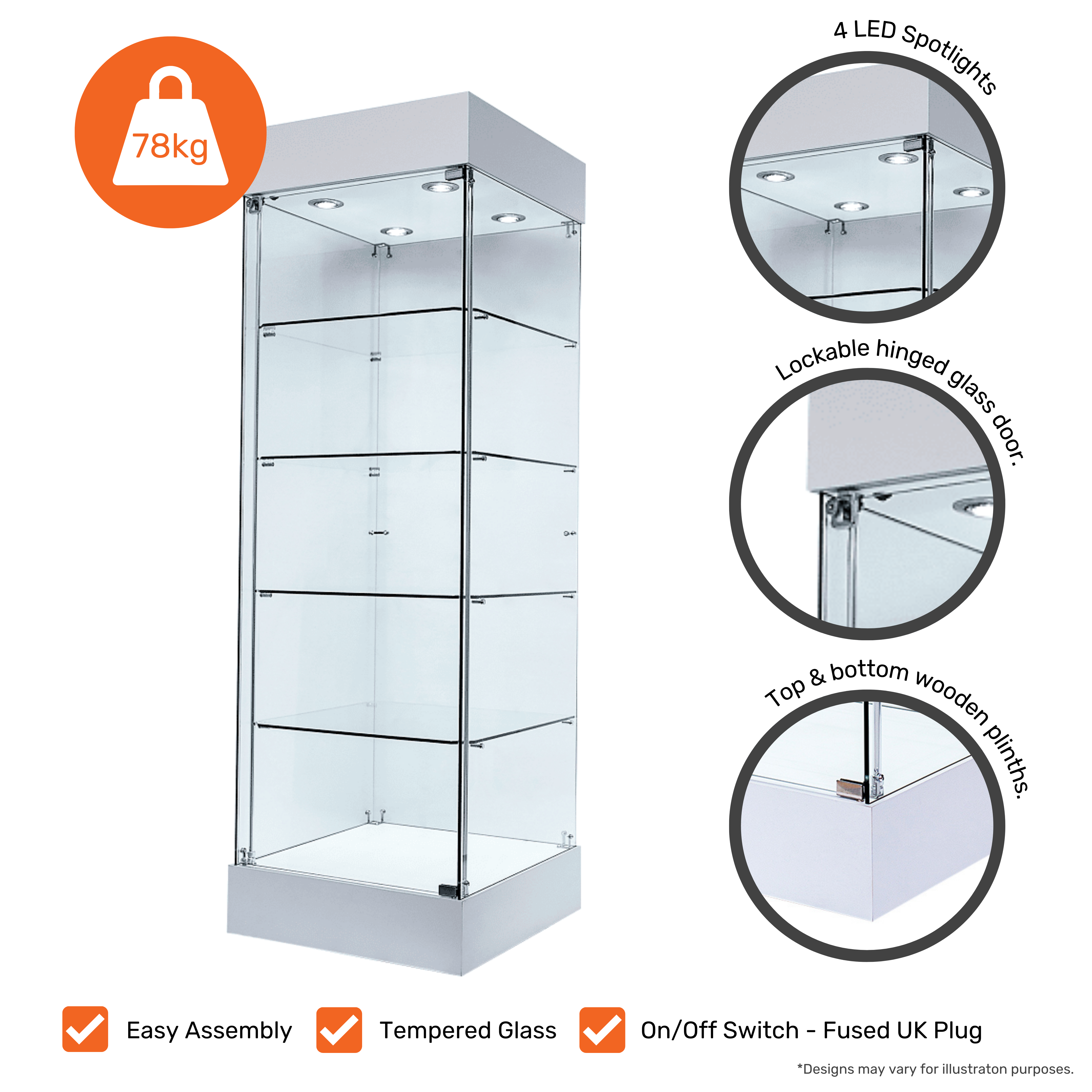 Single Door Lockable White Wooden Frameless Display Cabinet - 465mm