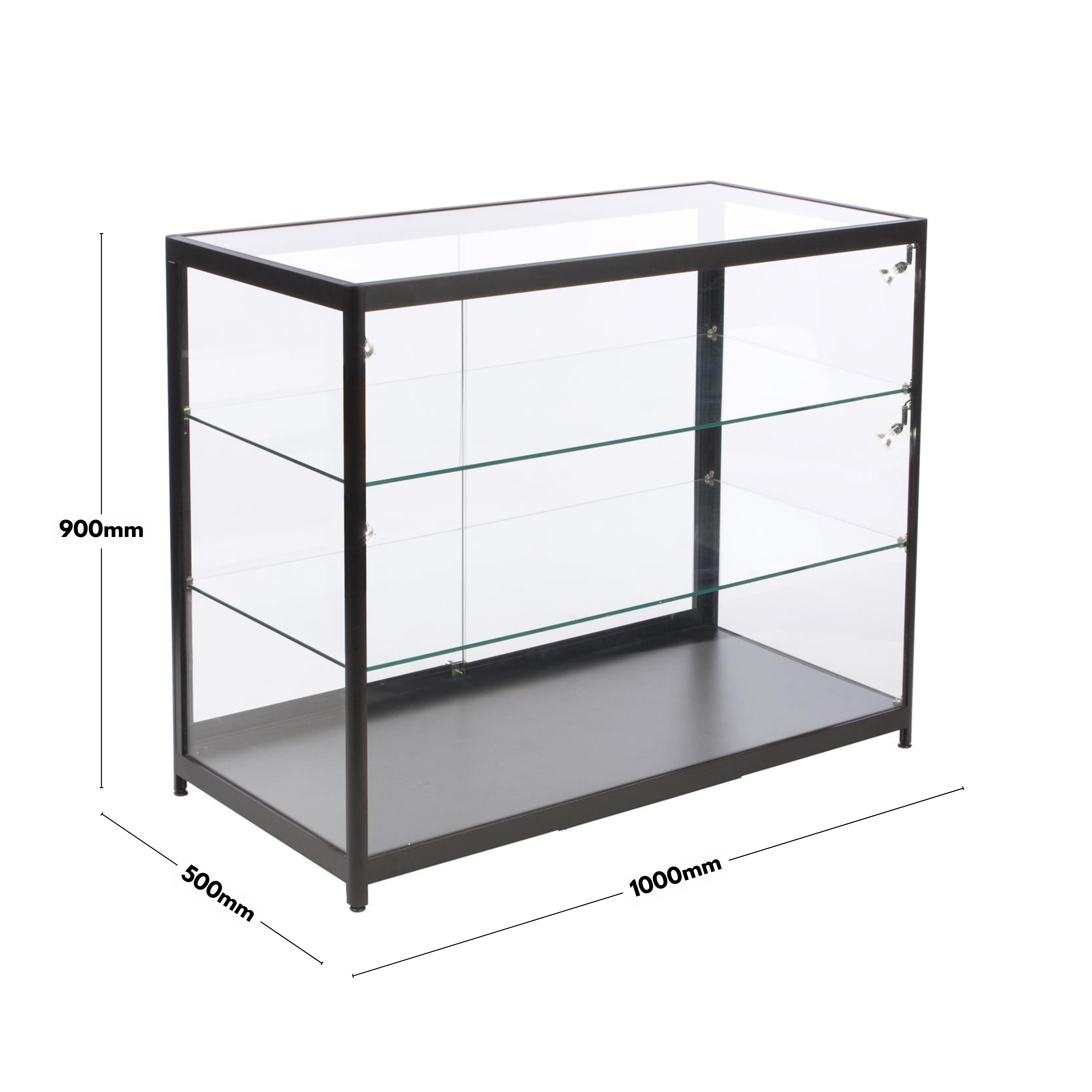 Black Aluminium Glass Counter Display Cabinet with 8 LED Spotlights & Lockable Sliding Doors - 1000 x 500mm