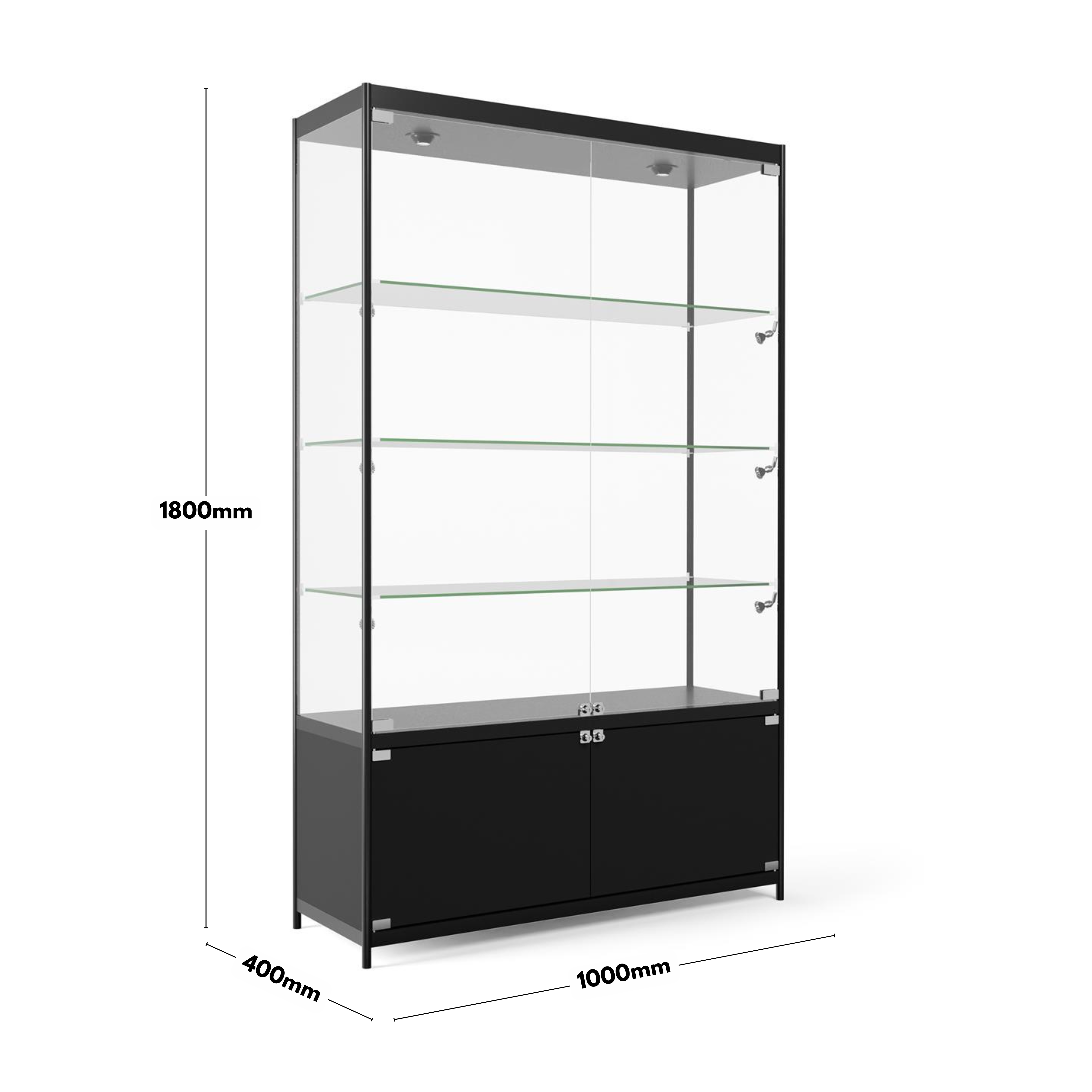 Black Aluminium Lockable Glass Storage Display Cabinet with 3 Adjustable Shelves & 10 LED Lights 1800mm High x 1000mm Wide