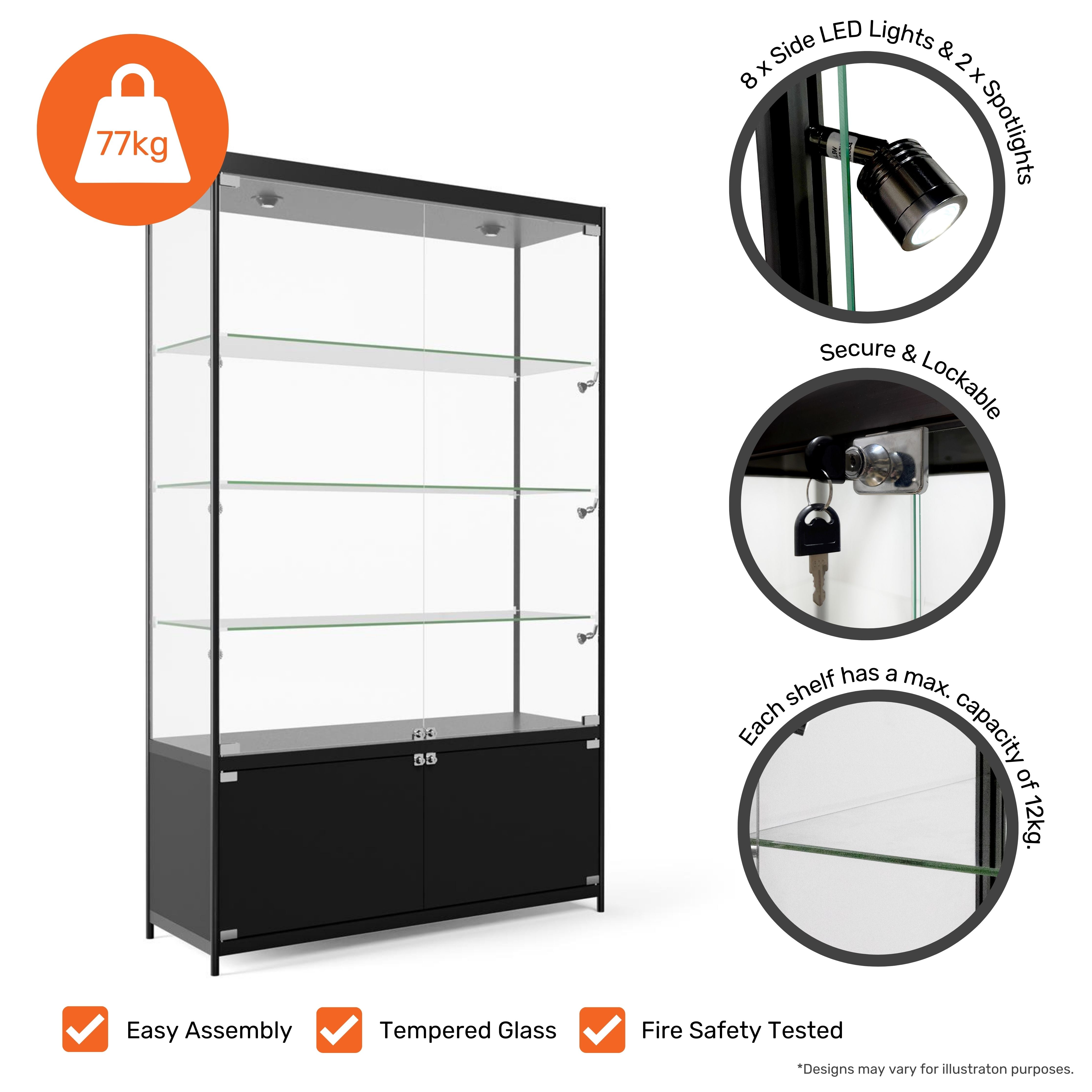 Black Aluminium Lockable Glass Storage Display Cabinet with 3 Adjustable Shelves & 10 LED Lights 1800mm High x 1000mm Wide