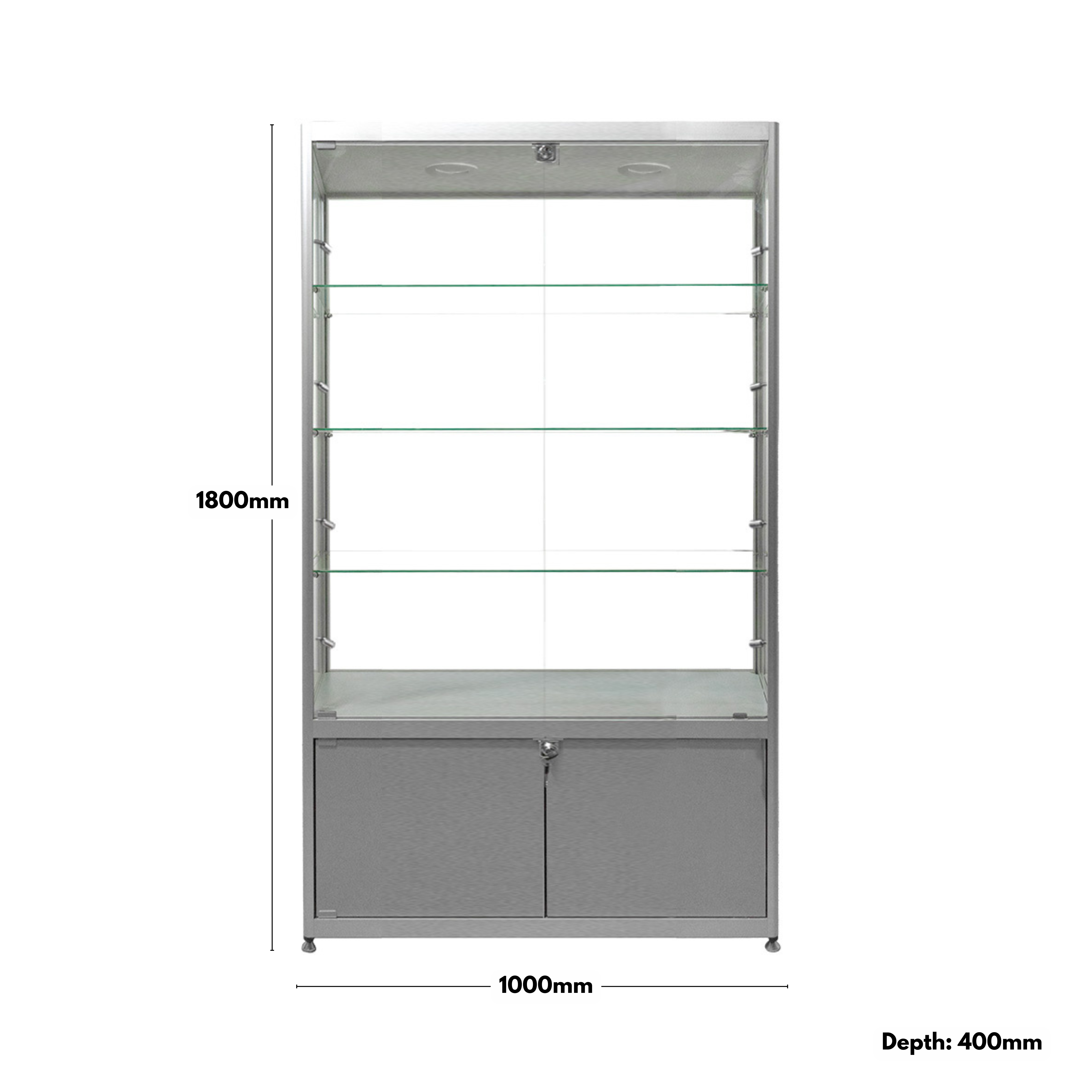 Silver Aluminium Lockable Glass Storage Display Cabinet with 3 Adjustable Shelves & 10 LED Lights 1800mm High x 1000mm Wide