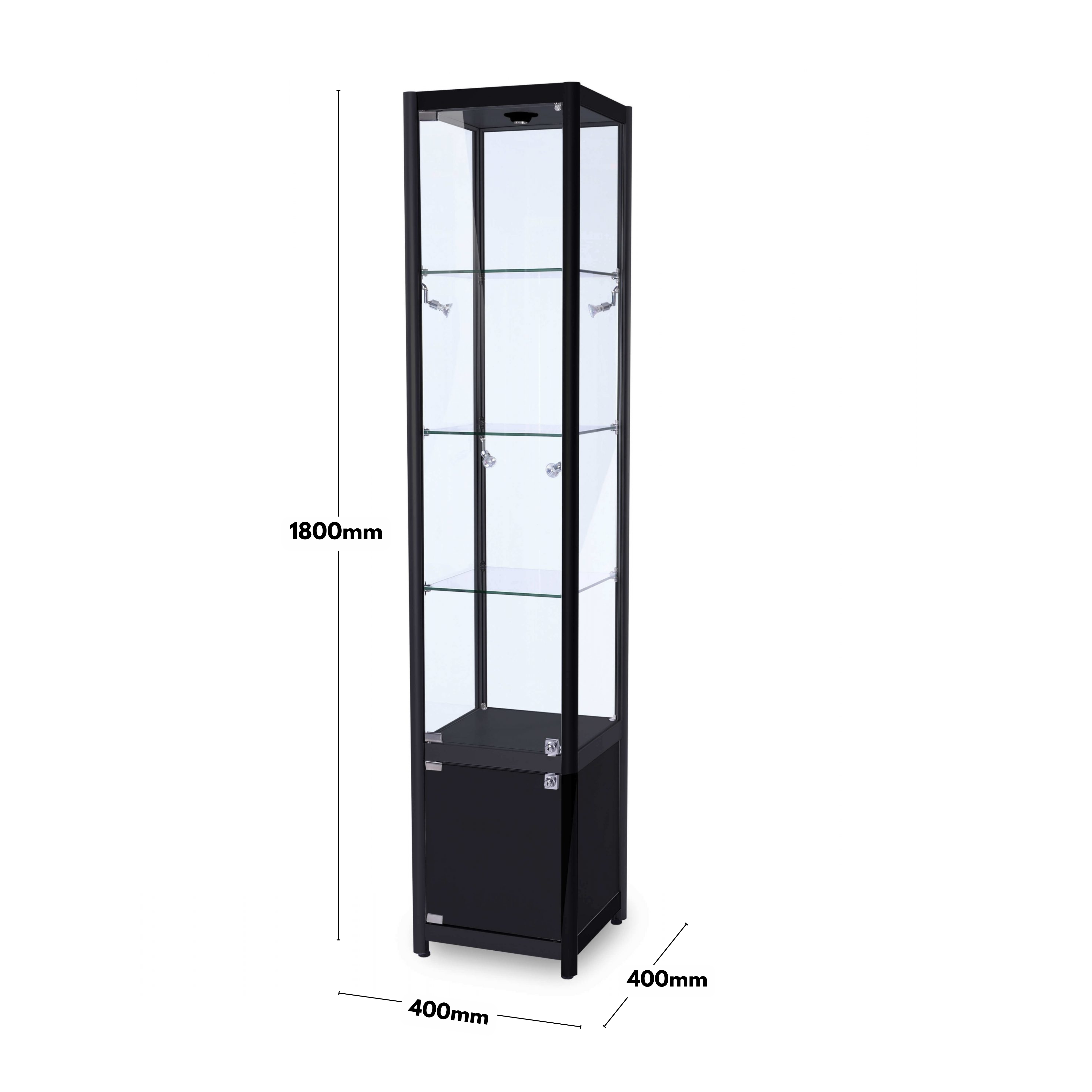 Black Aluminium Lockable Glass Storage Display Cabinet with 3 Adjustable Shelves & 9 LED Lights 1800mm High x 400mm Wide