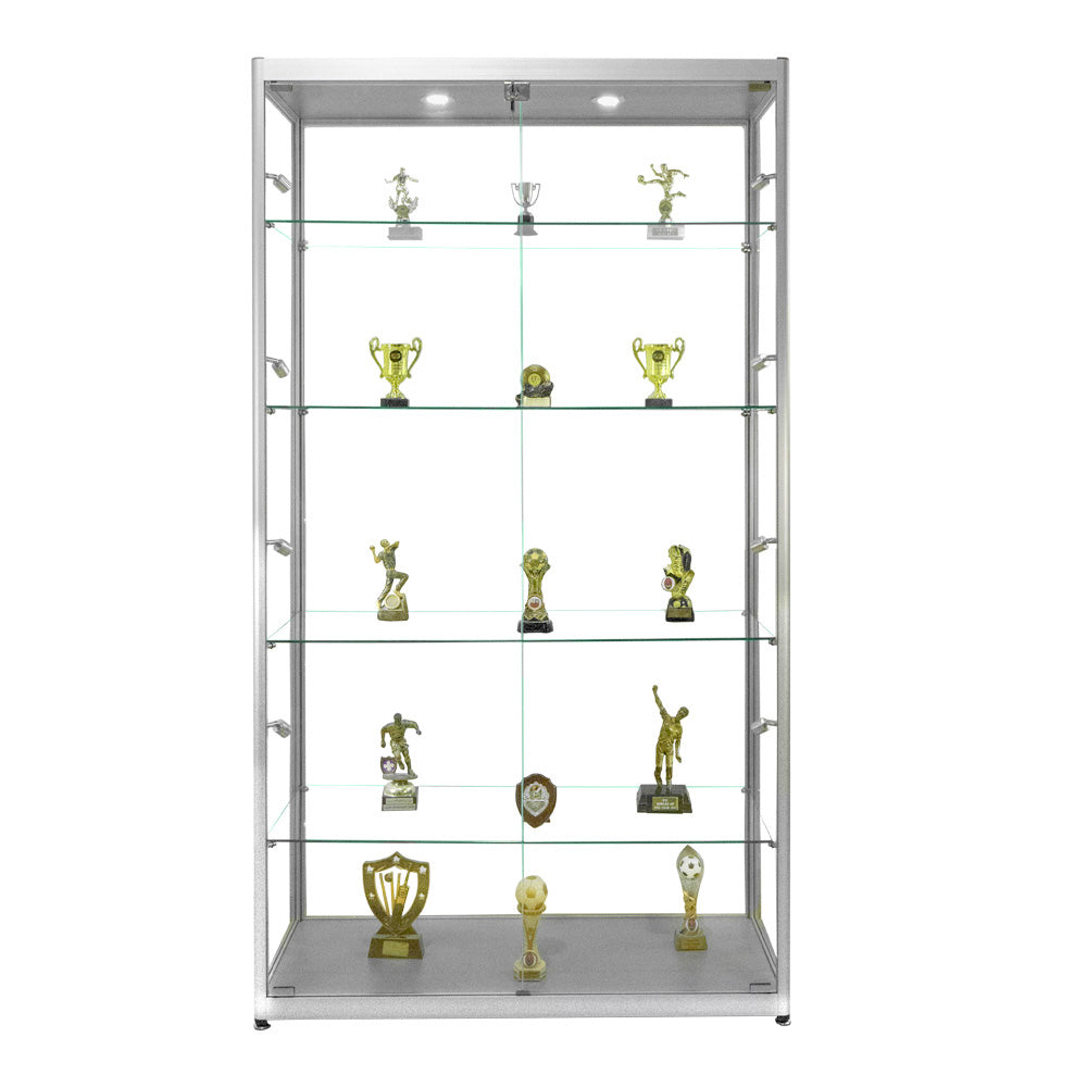 Lockable Silver Aluminium & Glass Display Cabinet: 1800mm High x 1000mm Wide with 4 Adjustable Shelves and 10 LED Lights