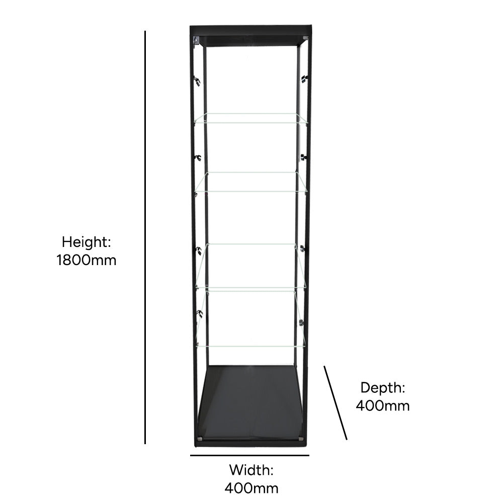 Black Aluminium Lockable Glass Display Cabinet with 4 Adjustable Shelves & 9 LED Lights 1800mm High x 400mm Wide