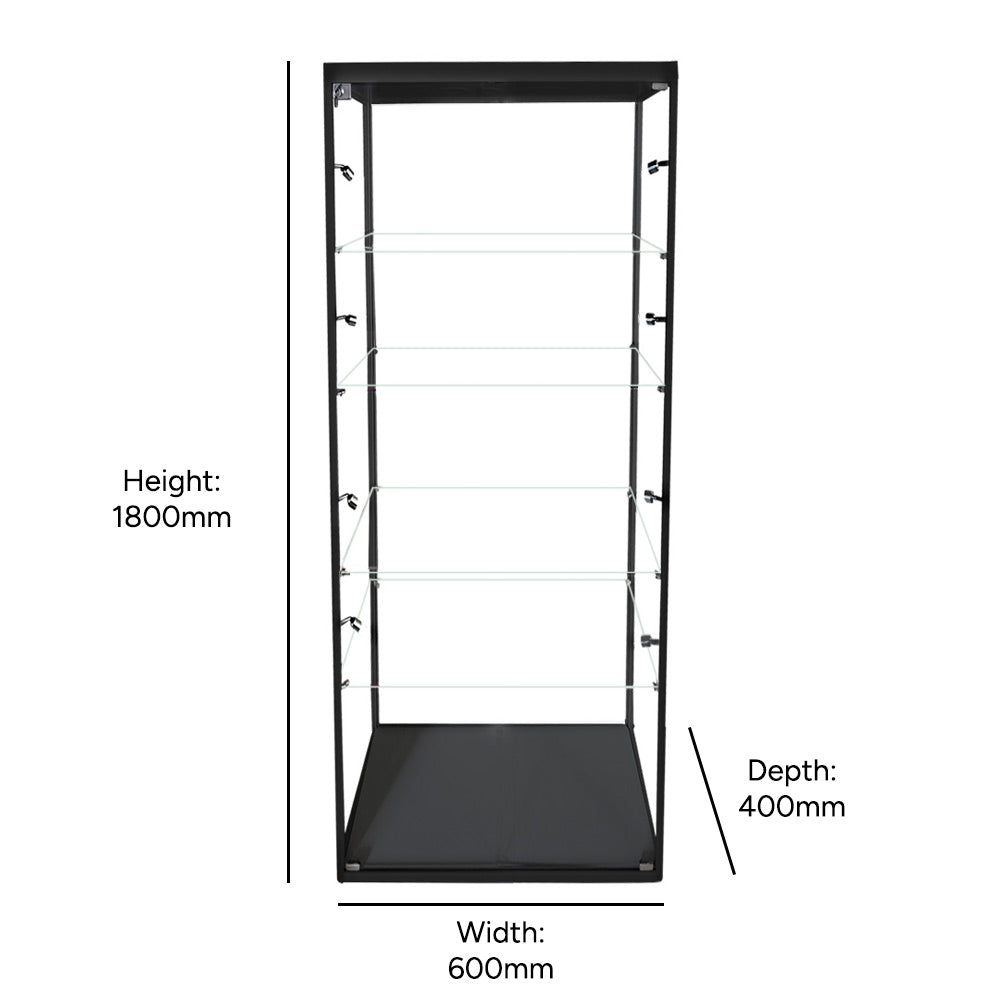 Black Aluminium Glass Display Cabinet Lockable with 4 Adjustable Shelves & 10 LED Lights 1800mm High x 600mm Wide