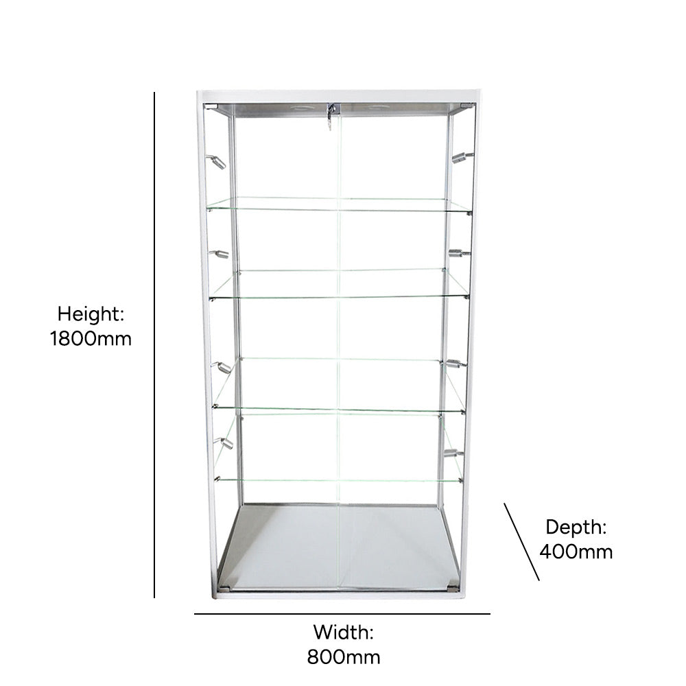 Silver Aluminium Lockable Glass Display Cabinet with 4 Adjustable Shelves & 10 LED Lights 1800mm High x 800mm Wide