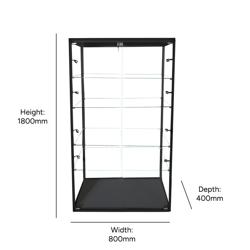 Black Aluminium  Glass Display Cabinet Lockable with 4 Adjustable Shelves & 10 LED Lights 1800mm High x 800mm Wide