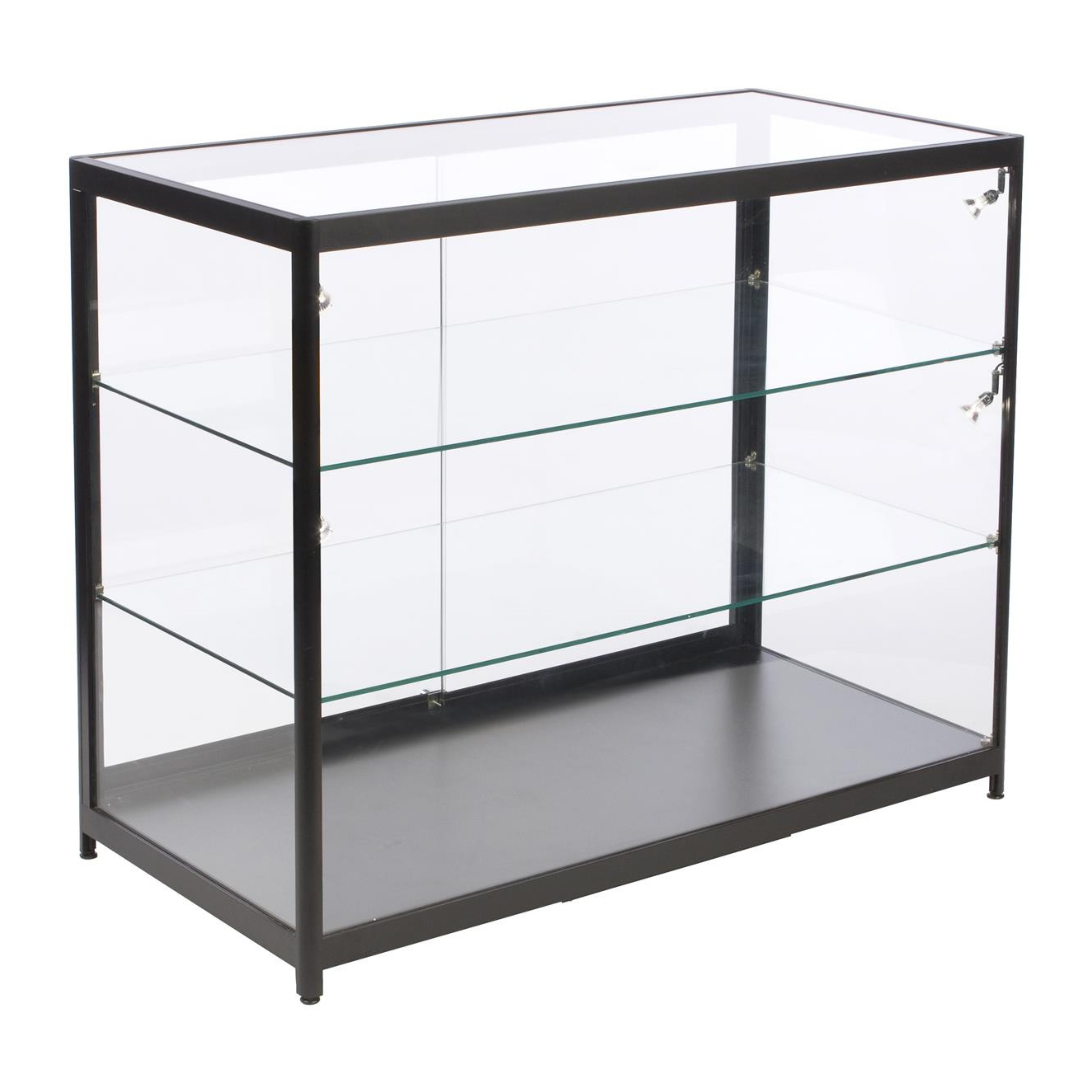 Black Aluminium Glass Counter Display Cabinet with 8 LED Spotlights & Lockable Sliding Doors - 1000 x 500mm