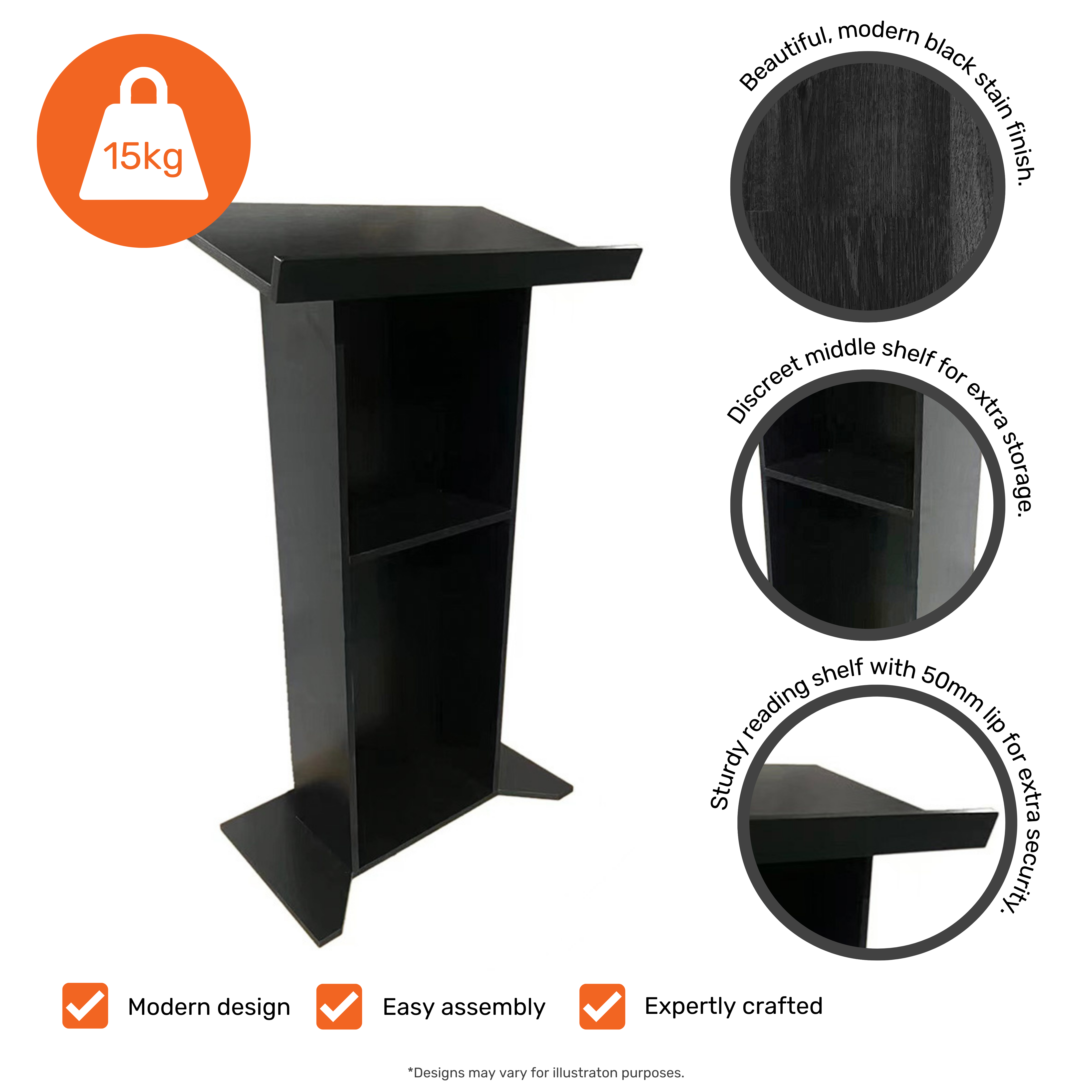 Black Wood Floor Standing Lectern Podium with Shelf 685mm Wide x 1180mm High