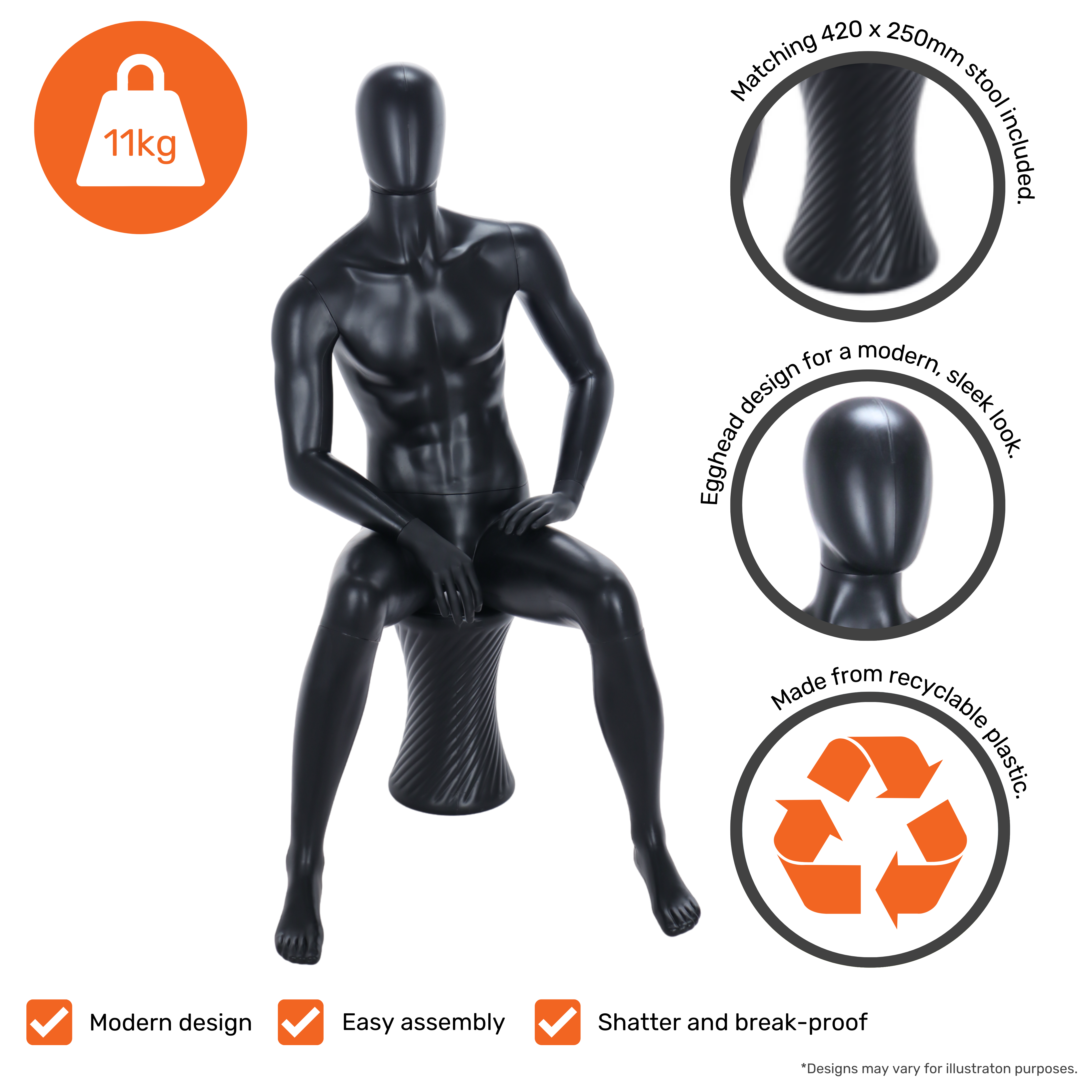 Matt Black Sitting Male Egghead Mannequin with Stool