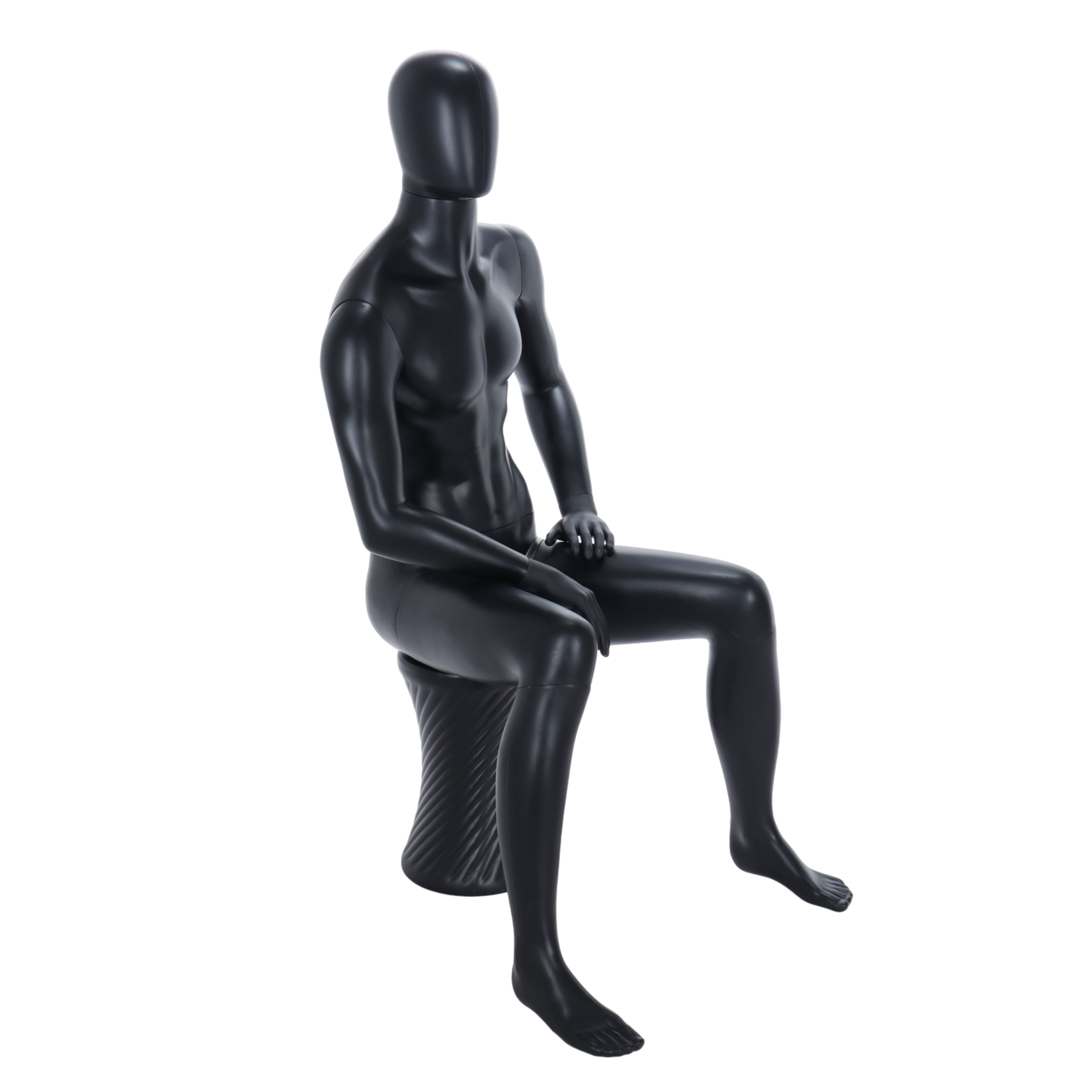 Matt Black Sitting Male Egghead Mannequin with Stool