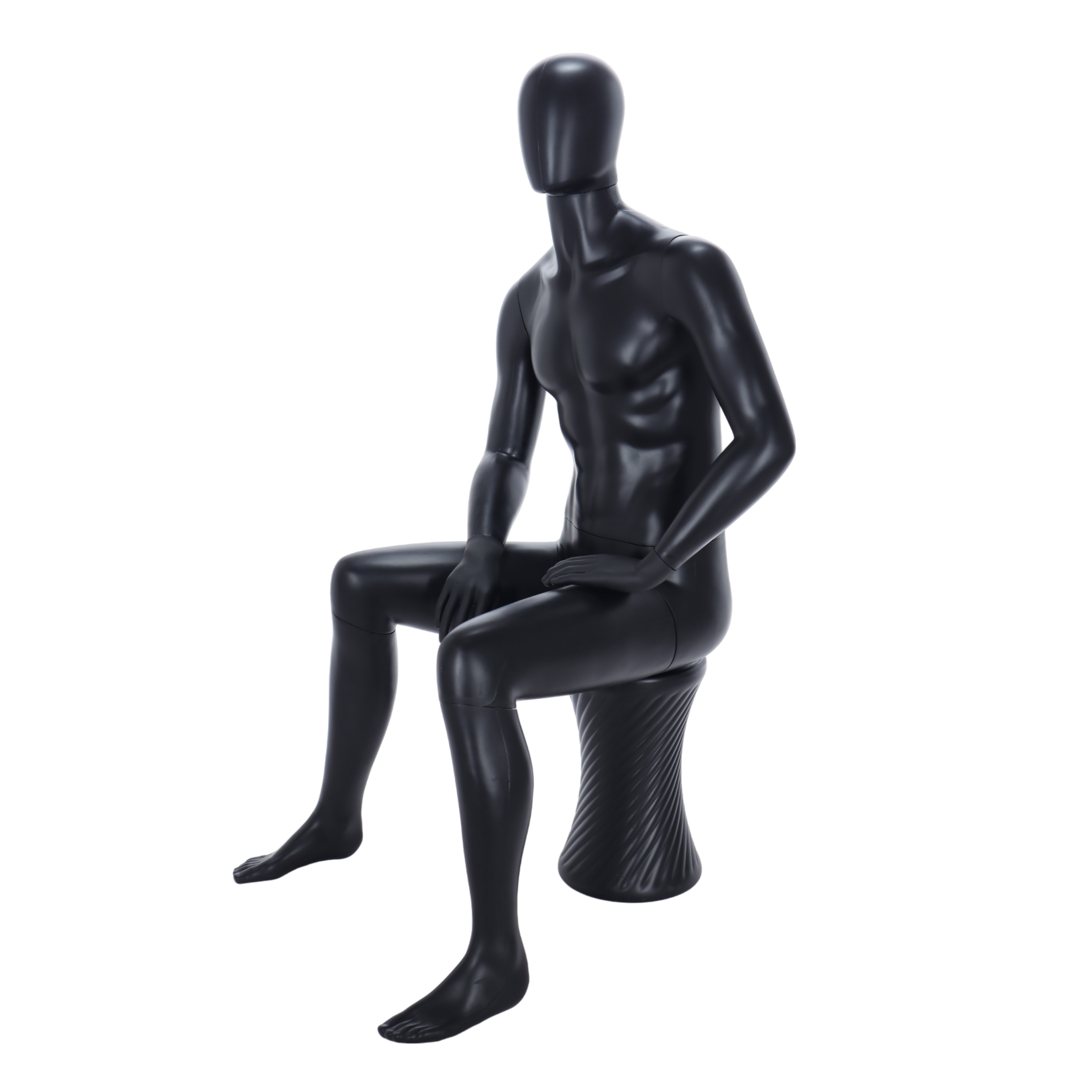 Matt Black Sitting Male Egghead Mannequin with Stool