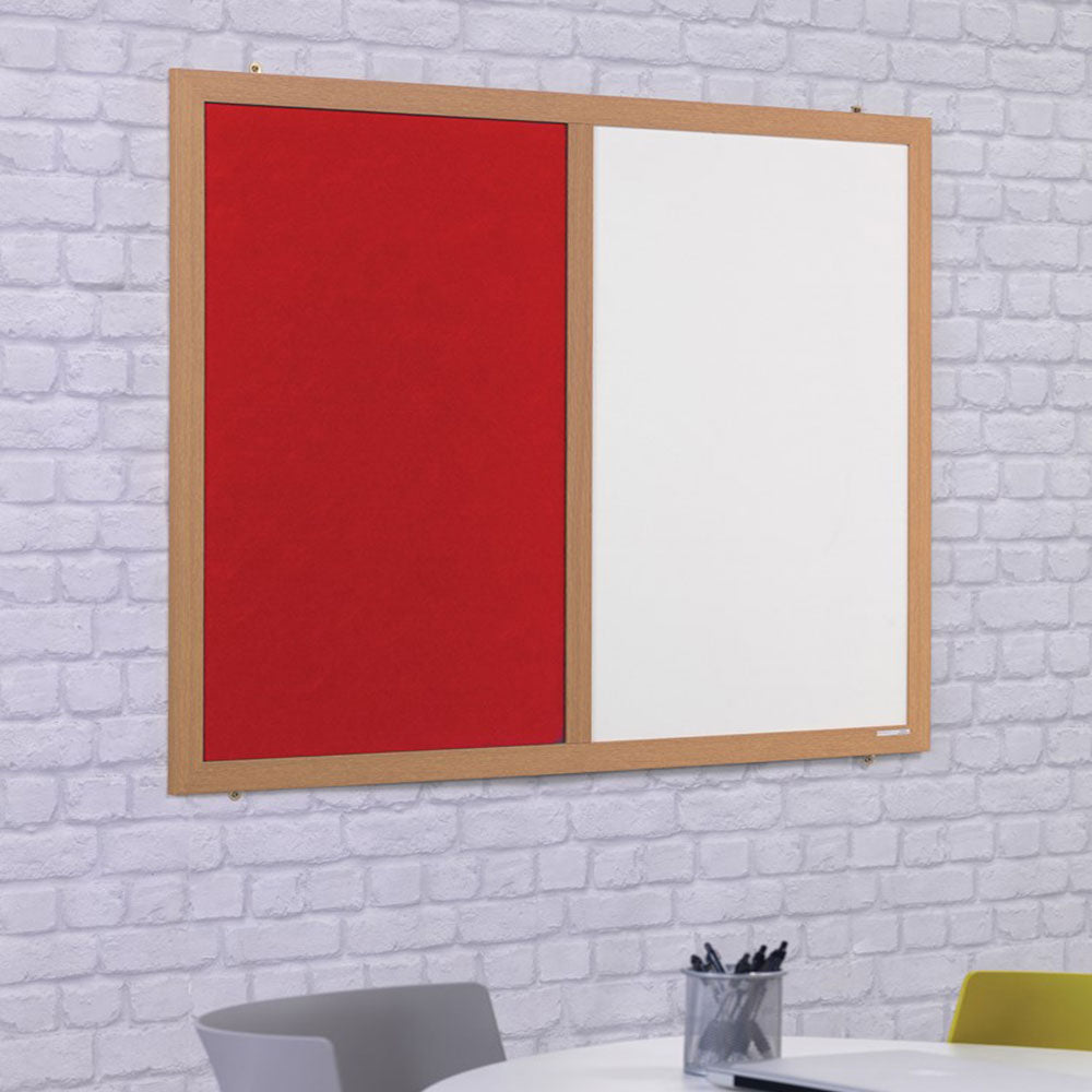 Eco-Friendly Combination Red Felt Noticeboard with Whiteboard and Wood Effect Frame  - 1800 x 1200mm