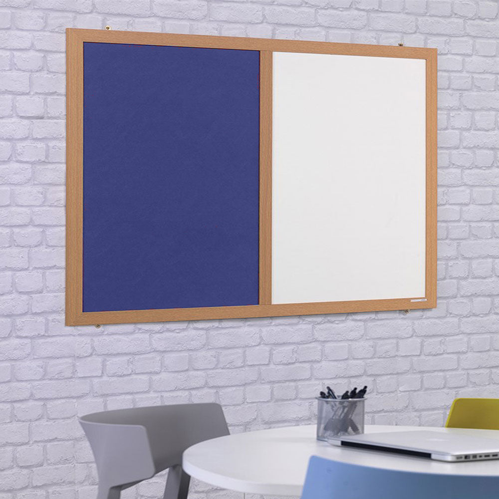 Eco-Friendly Combination Blue Felt Noticeboard with Whiteboard and Wood Effect Frame  - 2400 x 1200mm