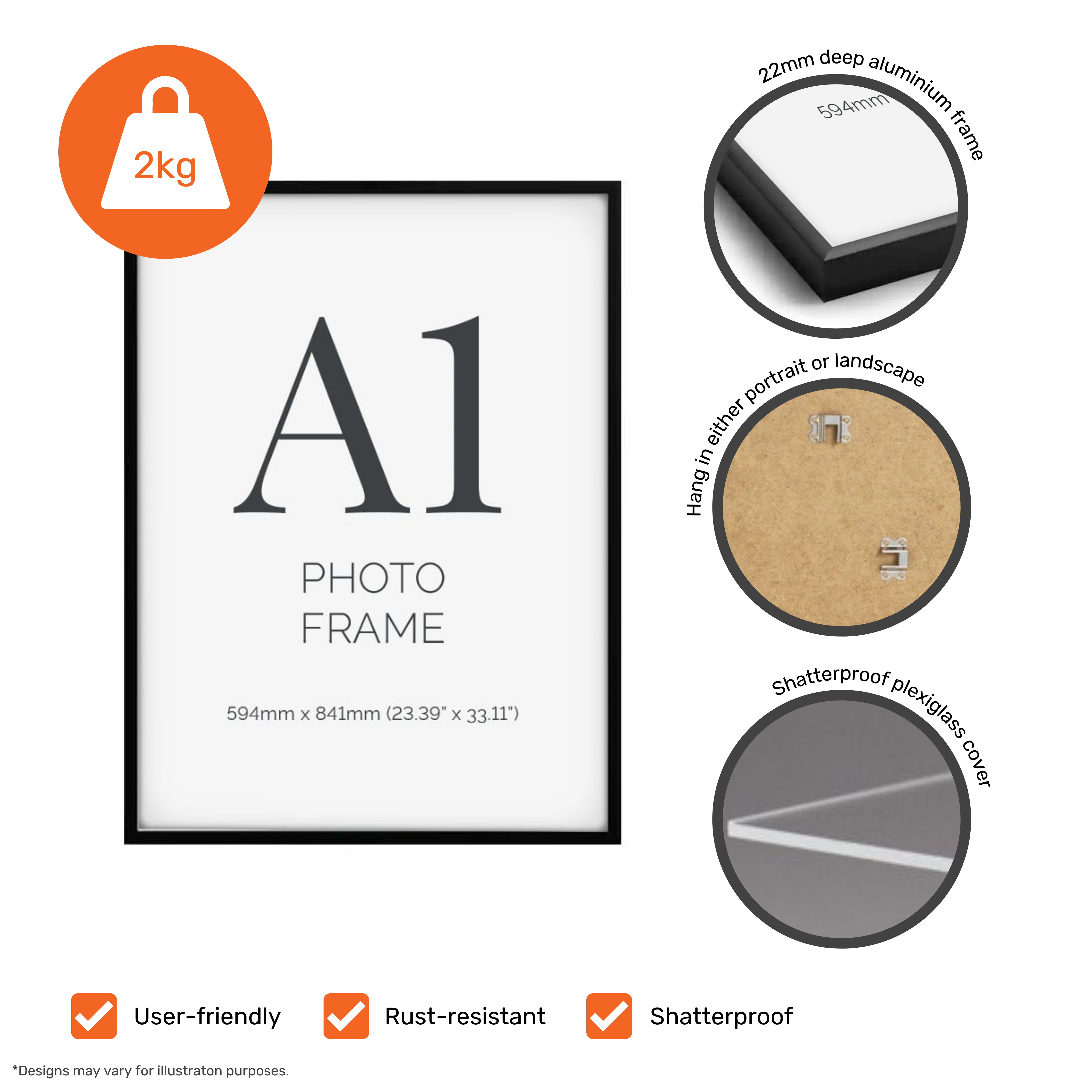 A1 Black Aluminium Certificate Poster Frame with Plexiglass Front For Portrait And Landscape Wall Hanging