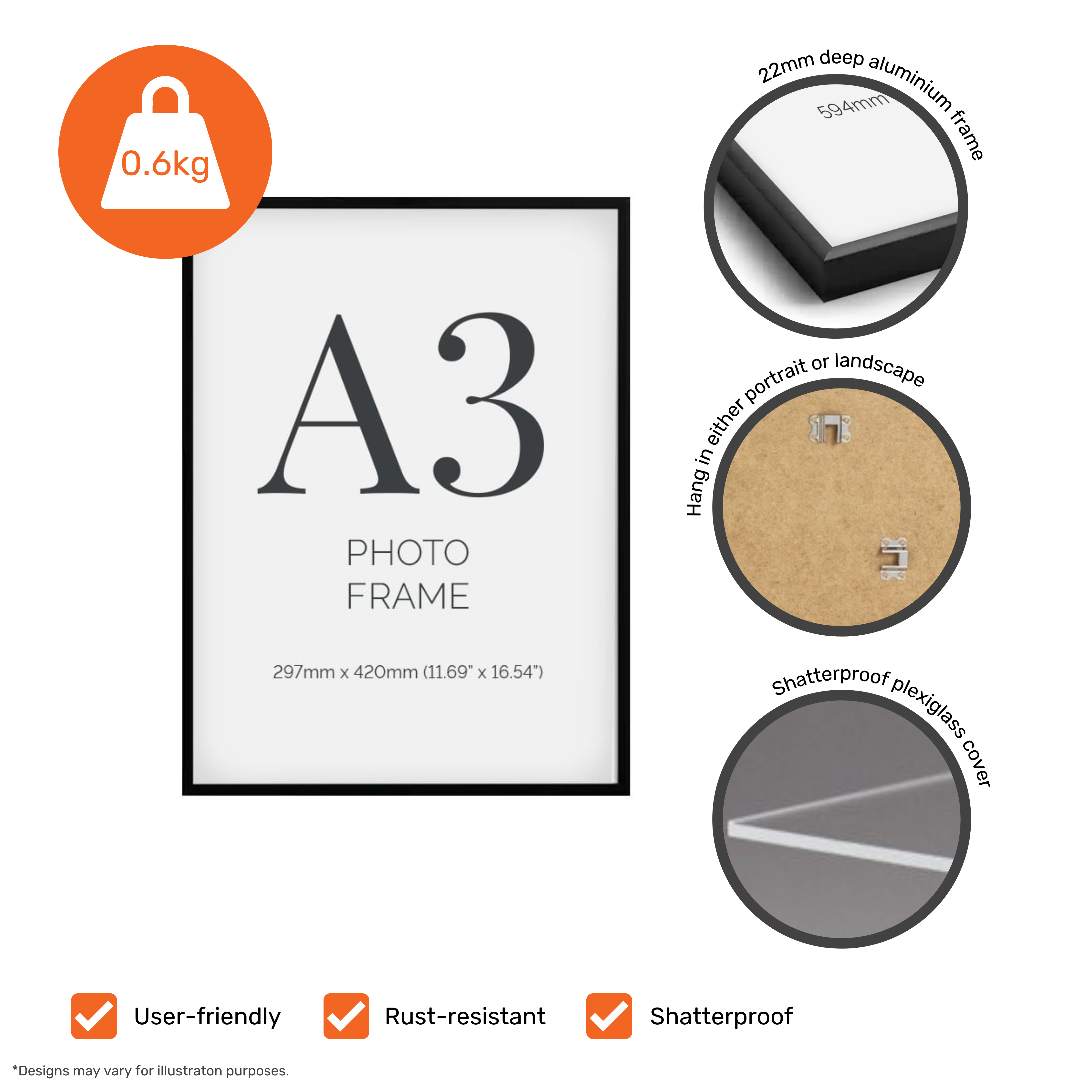 A3 Black Aluminium Certificate Poster Frame with Plexiglass Front For Portrait And Landscape Wall Hanging